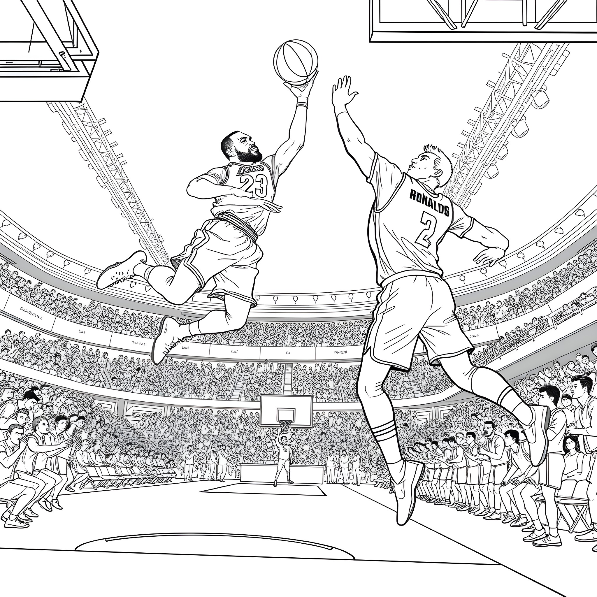 LeBron James Dunking Over a Defender in a Basketball Game Coloring Page (free black-and-white line drawing printable PDF for all, from beginners to advanced learners, including children, teens, adults, and seniors)