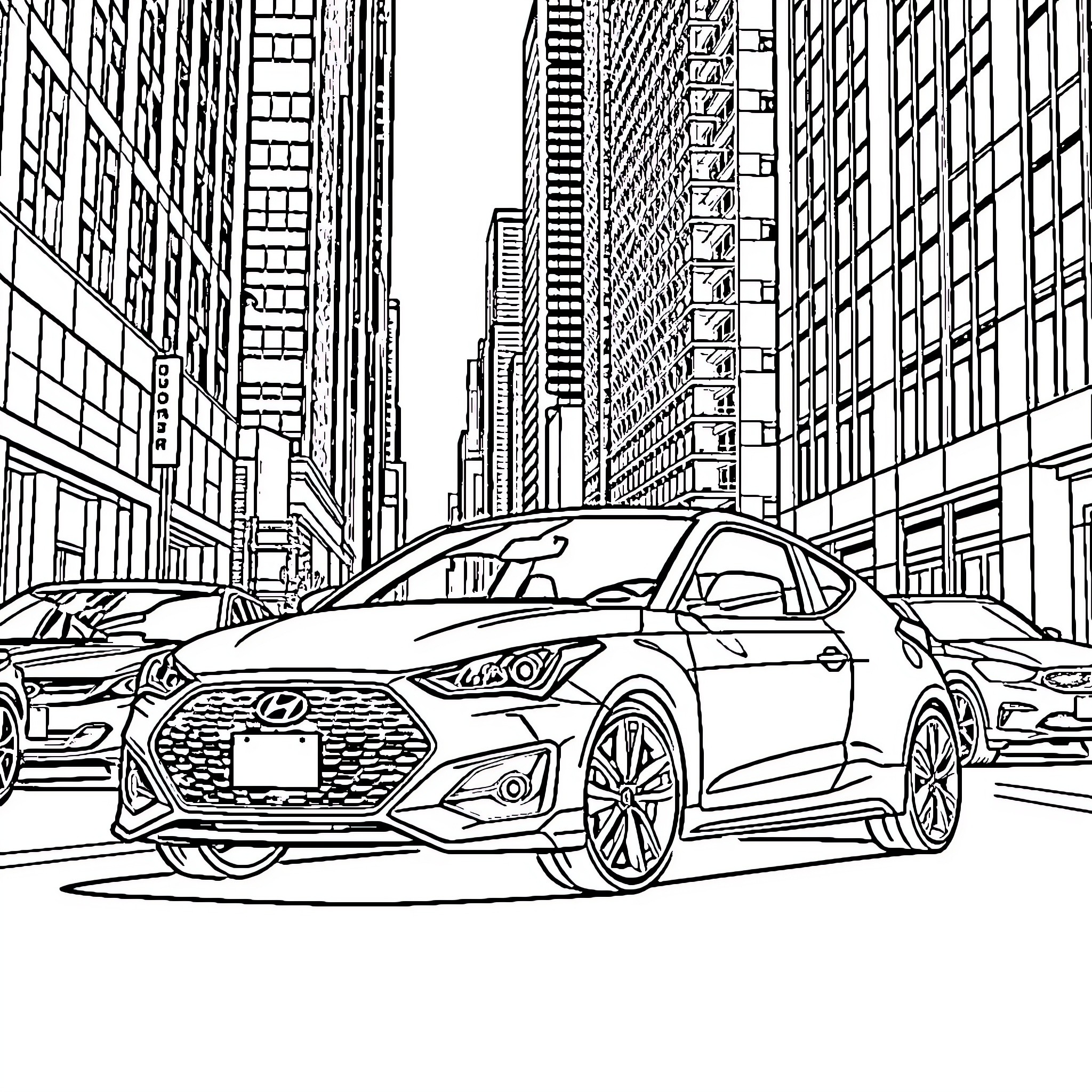 Hyundai Veloster N on the city streets Coloring Page (free black-and-white line drawing printable PDF for all, from beginners to advanced learners, including children, teens, adults, and seniors)