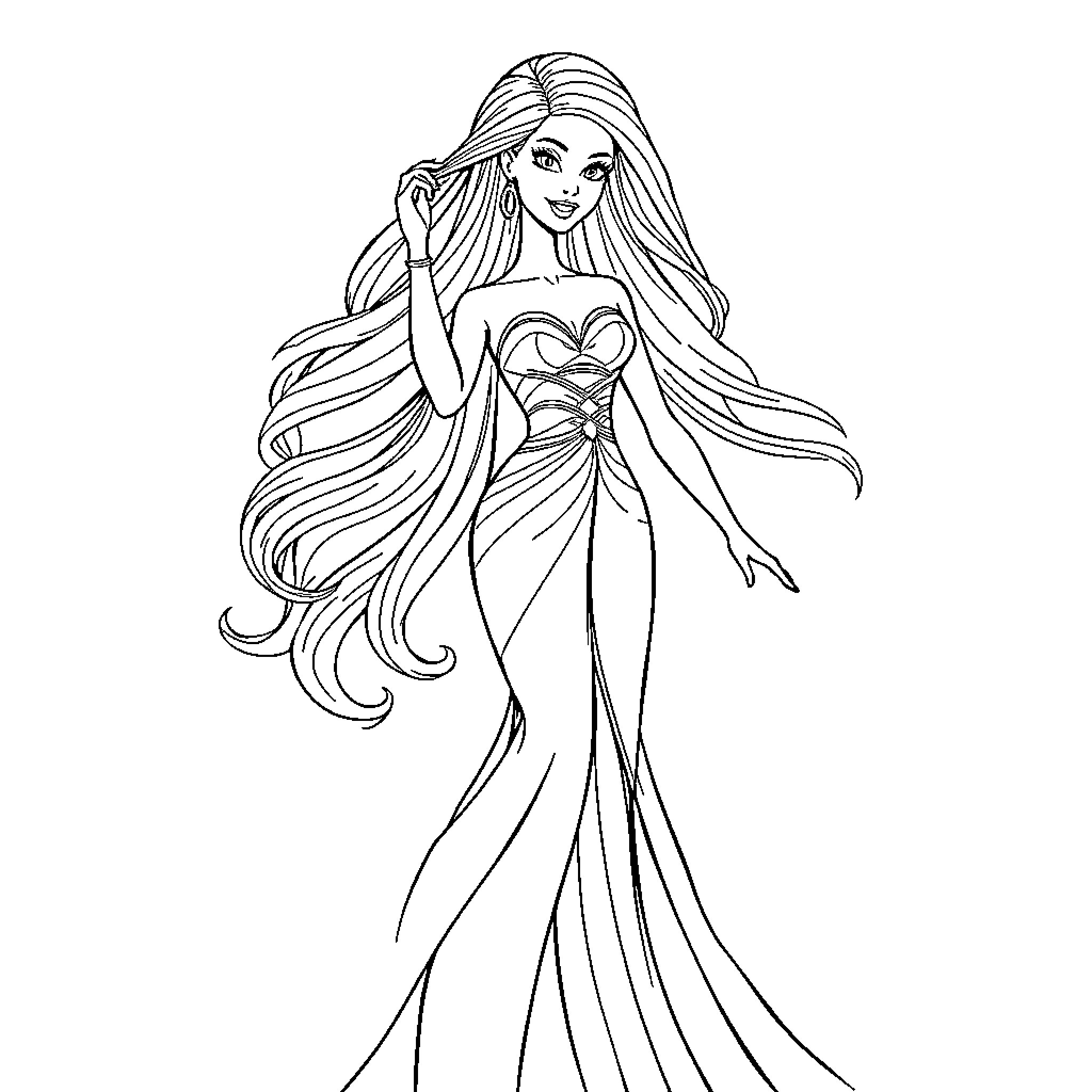 Barbie in long flowing gown and elegant pose Coloring Page (free black-and-white line drawing printable PDF for all, from beginners to advanced learners, including children, teens, adults, and seniors)