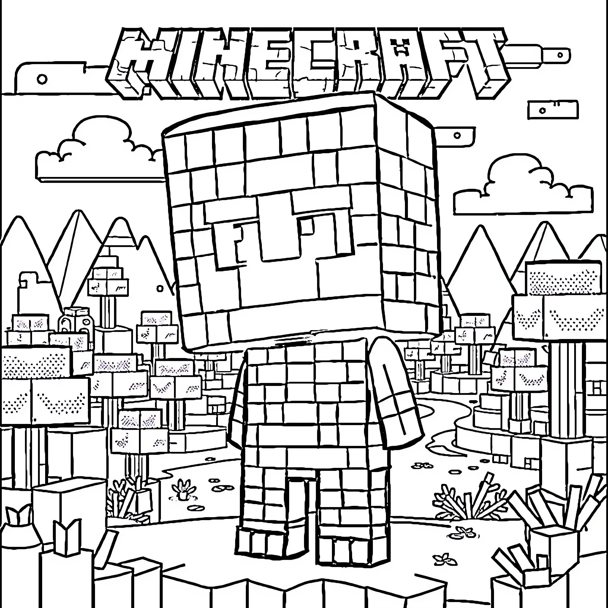 Skibidi epic Minecraft world adventure Coloring Page (free black-and-white line drawing printable PDF for all, from beginners to advanced learners, including children, teens, adults, and seniors)