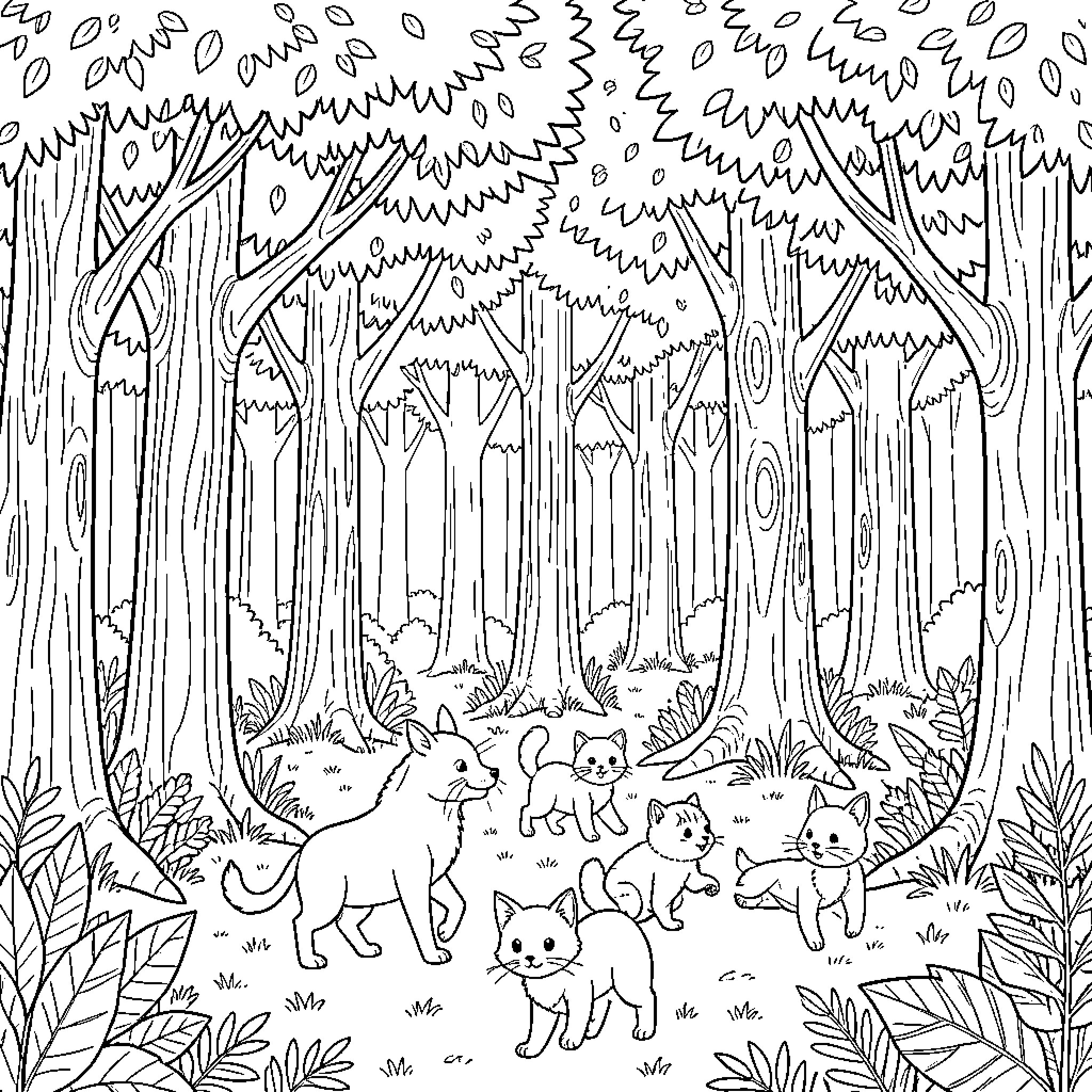 Forest Filled with Playful Feline Friends Coloring Page (free black-and-white line drawing printable PDF for all, from beginners to advanced learners, including children, teens, adults, and seniors)