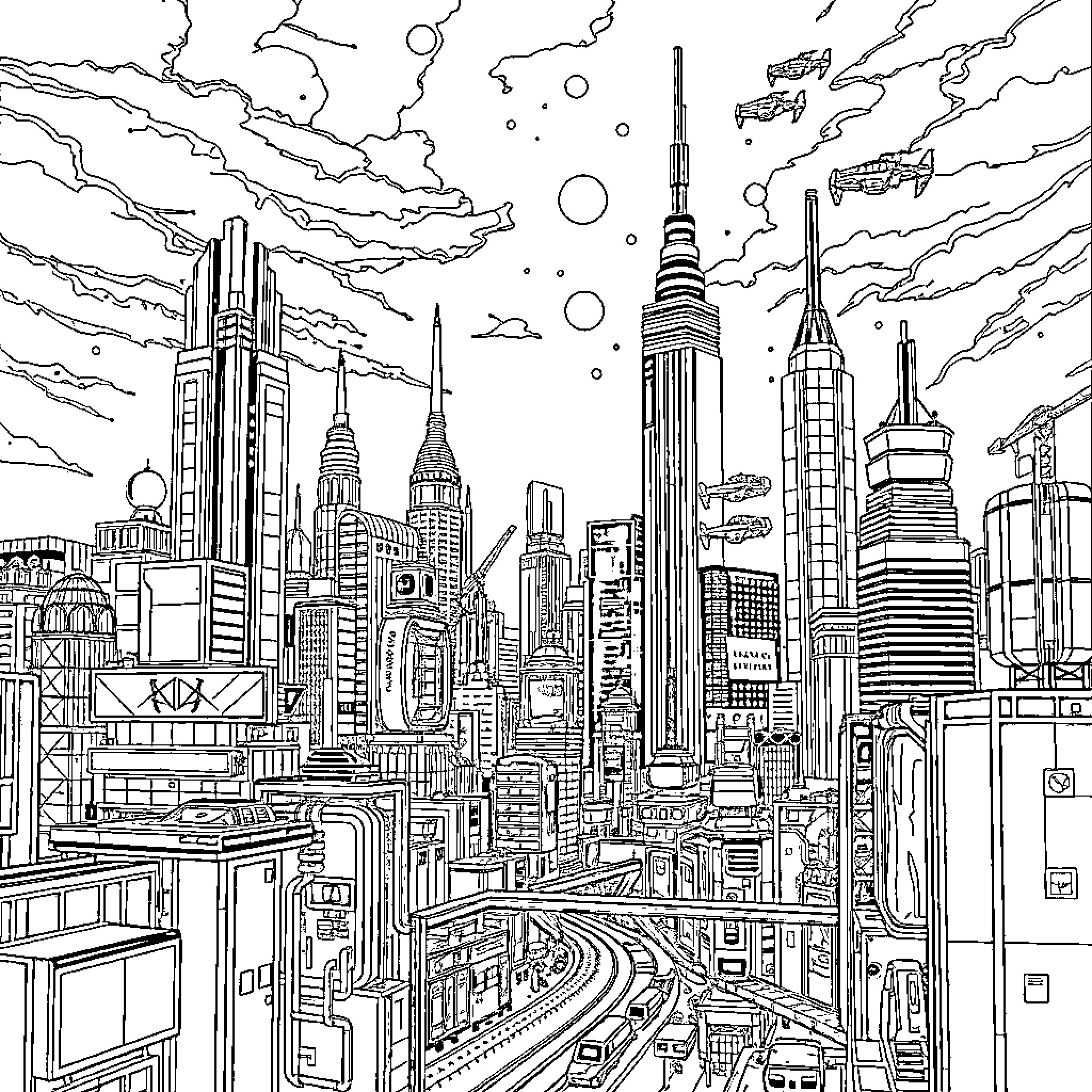 Cyberpunk City: Futuristic Skyscrapers and Sprawling Metropolis Coloring Page (free black-and-white line drawing printable PDF for all, from beginners to advanced learners, including children, teens, adults, and seniors)