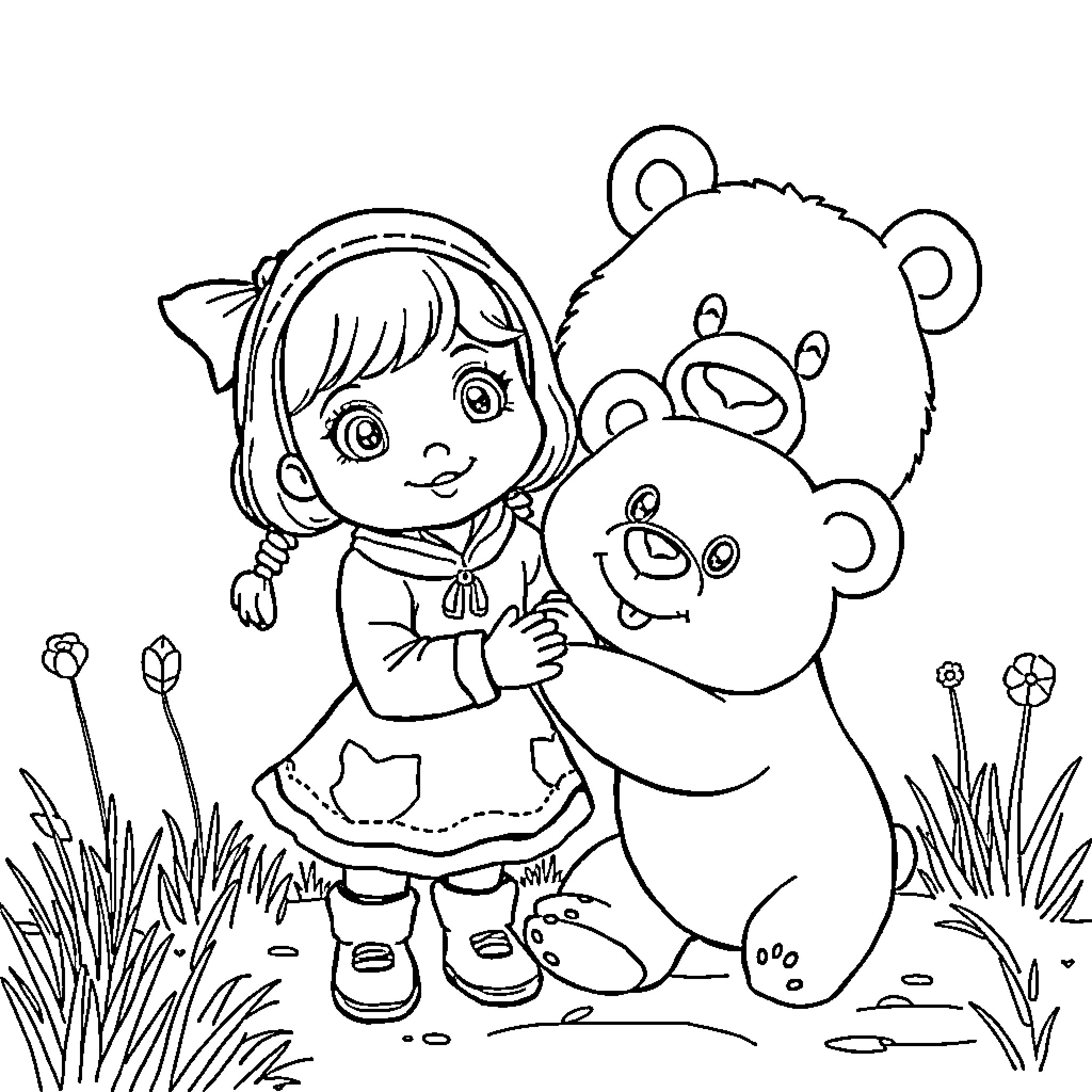 Masha and her adorable bear friends in the meadow Coloring Page (free black-and-white line drawing printable PDF for all, from beginners to advanced learners, including children, teens, adults, and seniors)