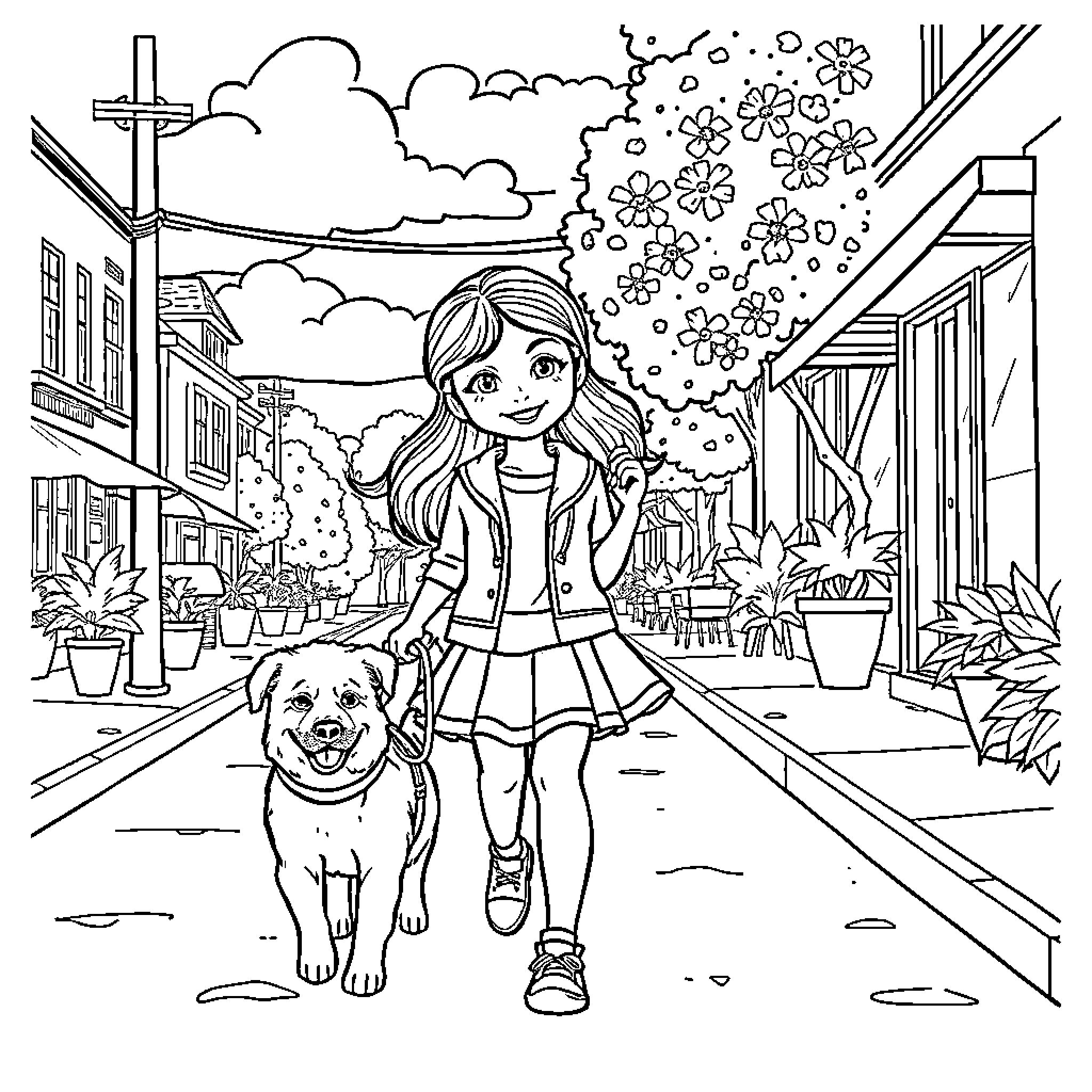 Girl walking her dog in a blooming town Coloring Page (free black-and-white line drawing printable PDF for all, from beginners to advanced learners, including children, teens, adults, and seniors)