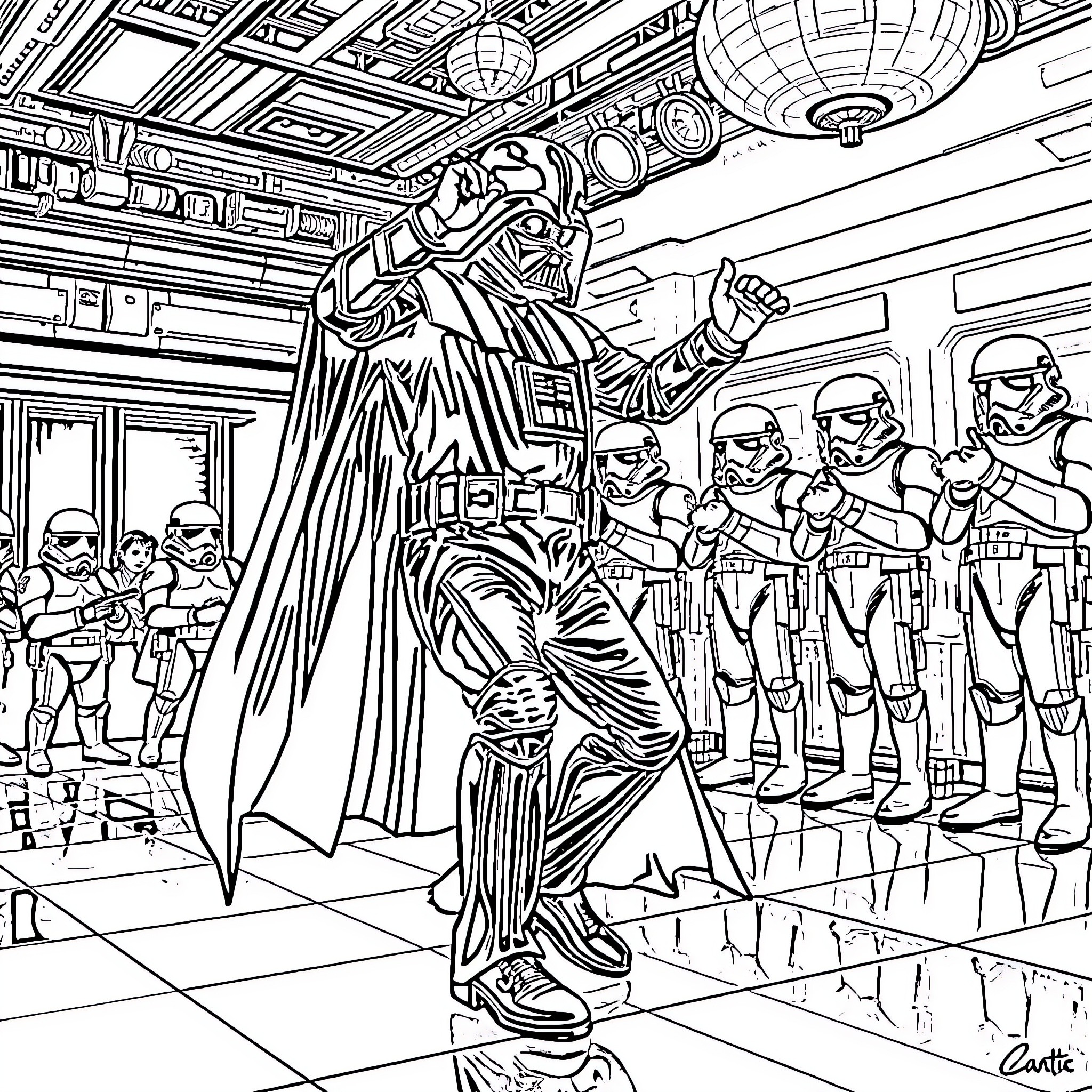 Darth Vader leading Imperial forces in a grand ceremony Coloring Page (free black-and-white line drawing printable PDF for all, from beginners to advanced learners, including children, teens, adults, and seniors)