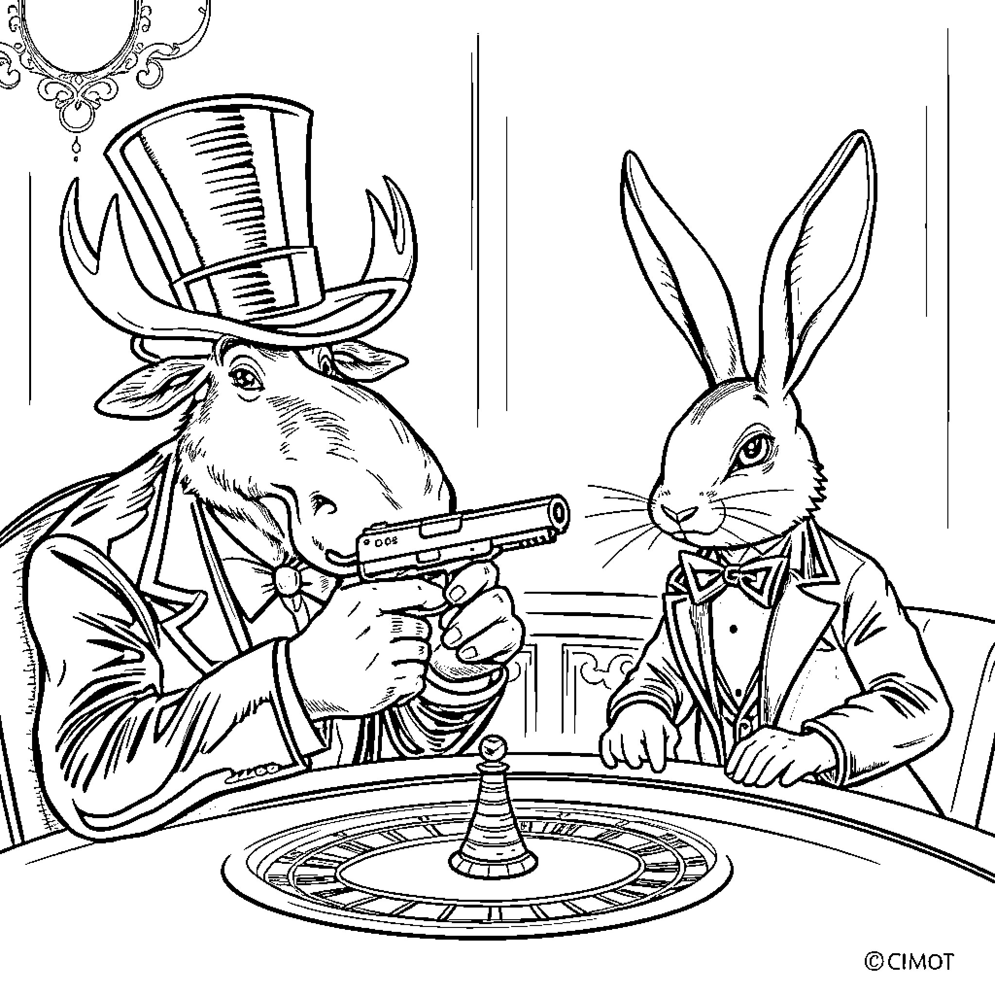 Moose in formal attire gambling with rabbit at casino Coloring Page (free black-and-white line drawing printable PDF for all, from beginners to advanced learners, including children, teens, adults, and seniors)