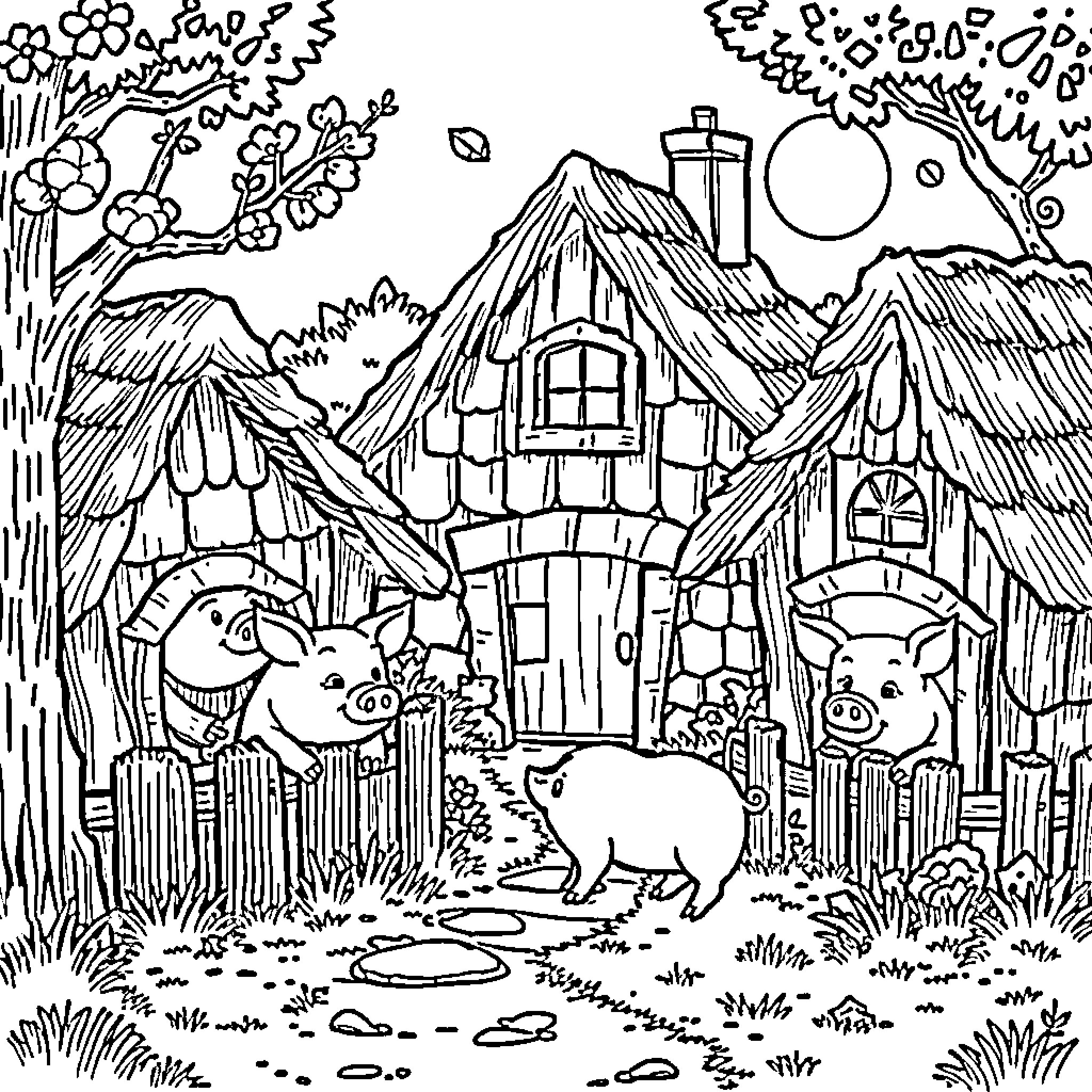 Pig playing in a whimsical countryside scene Coloring Page (free black-and-white line drawing printable PDF for all, from beginners to advanced learners, including children, teens, adults, and seniors)