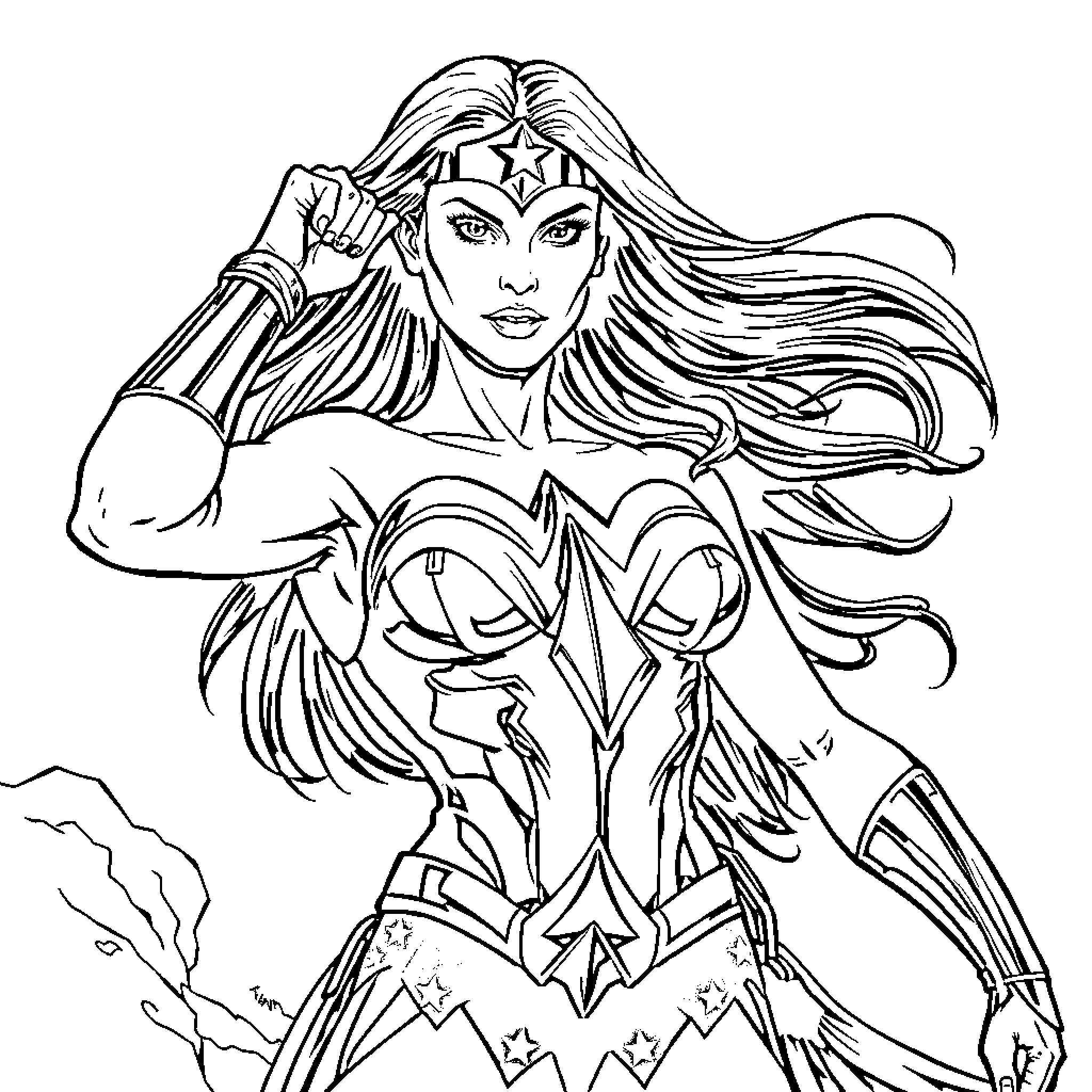 Wonder Woman in Action with Heroic Pose Coloring Page (free black-and-white line drawing printable PDF for all, from beginners to advanced learners, including children, teens, adults, and seniors)