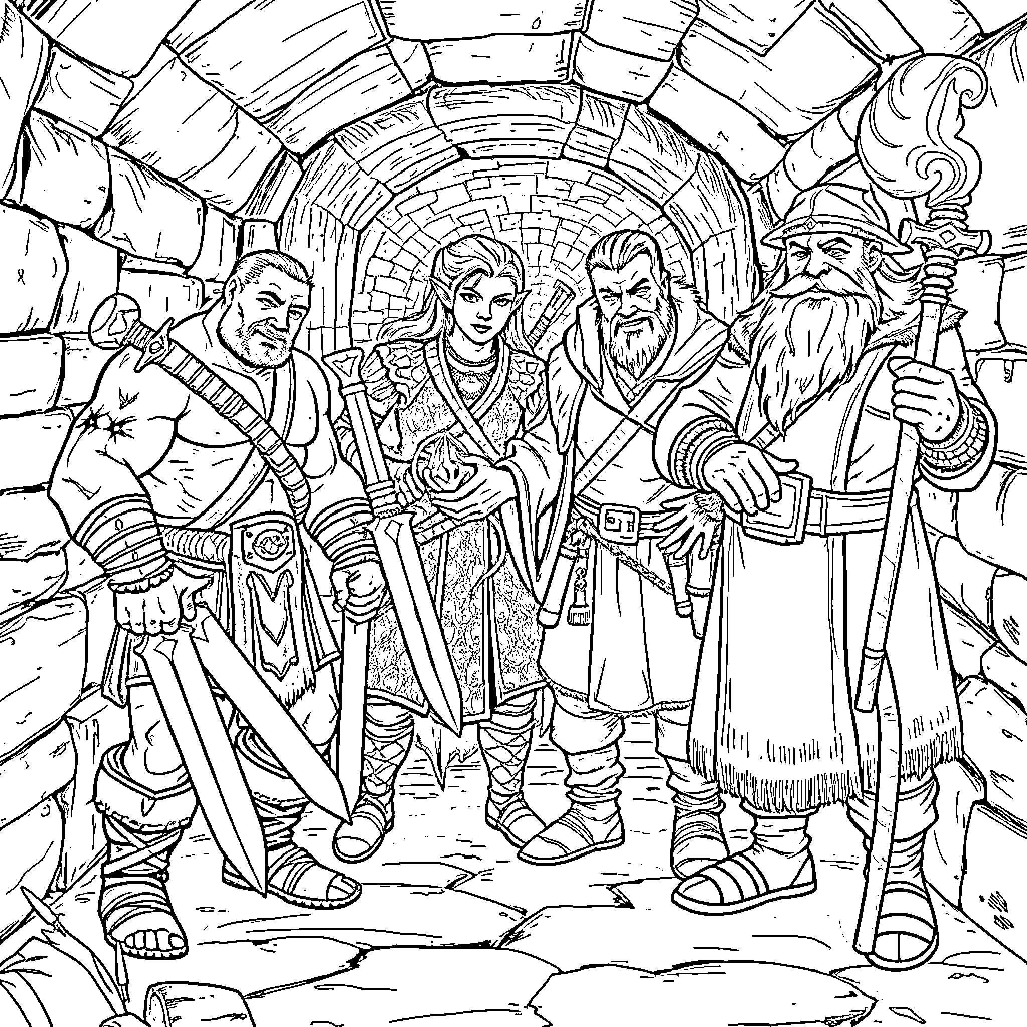 Adventurer's Journey Through Perilous Caverns Coloring Page (free black-and-white line drawing printable PDF for all, from beginners to advanced learners, including children, teens, adults, and seniors)