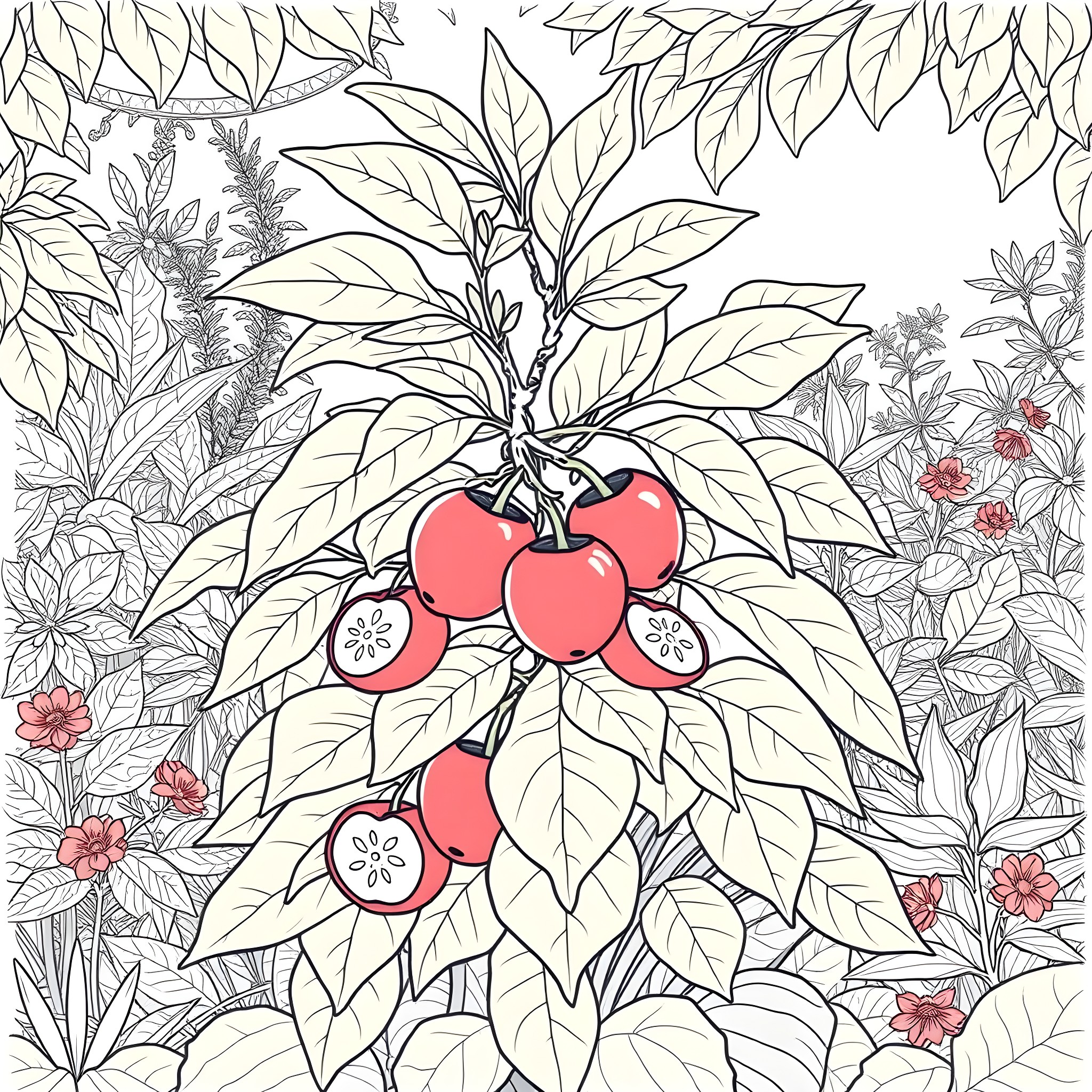 Acerola plant with luscious red fruits Coloring Page (free black-and-white line drawing printable PDF for all, from beginners to advanced learners, including children, teens, adults, and seniors)