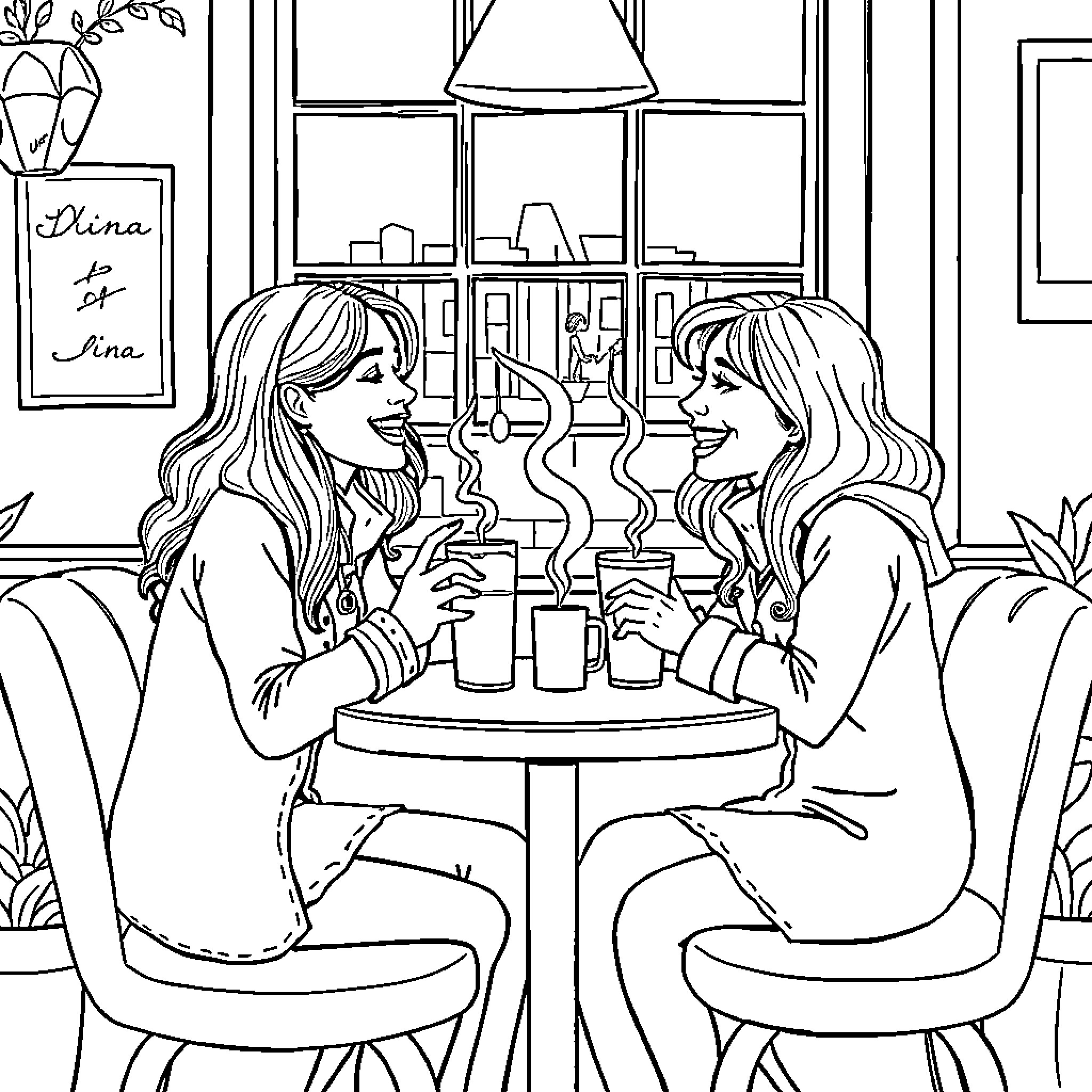 Dina and Diana share a moment over coffee Coloring Page (free black-and-white line drawing printable PDF for all, from beginners to advanced learners, including children, teens, adults, and seniors)