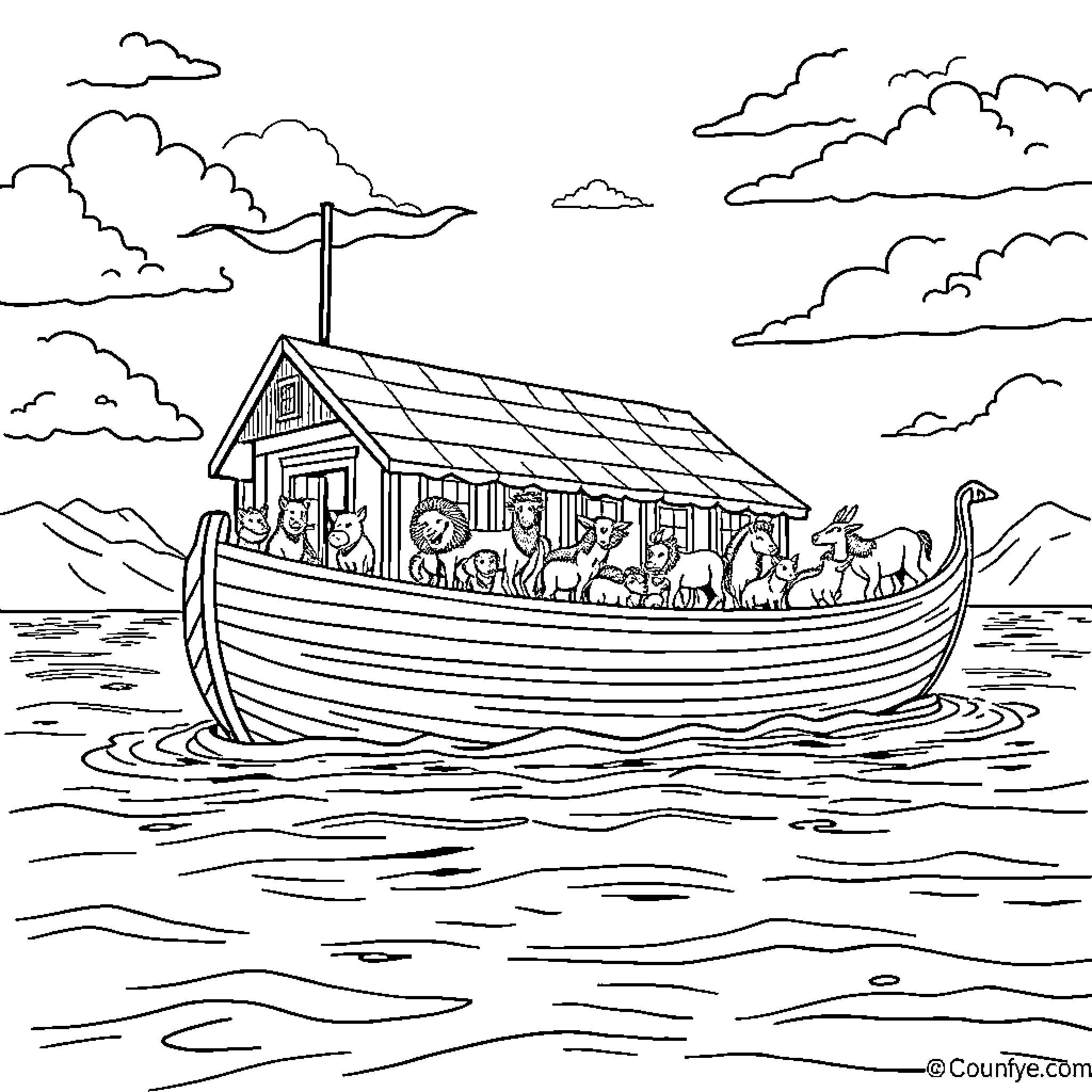 Noah's Ark Filled with Animals Sailing on the Waters Coloring Page (free black-and-white line drawing printable PDF for all, from beginners to advanced learners, including children, teens, adults, and seniors)