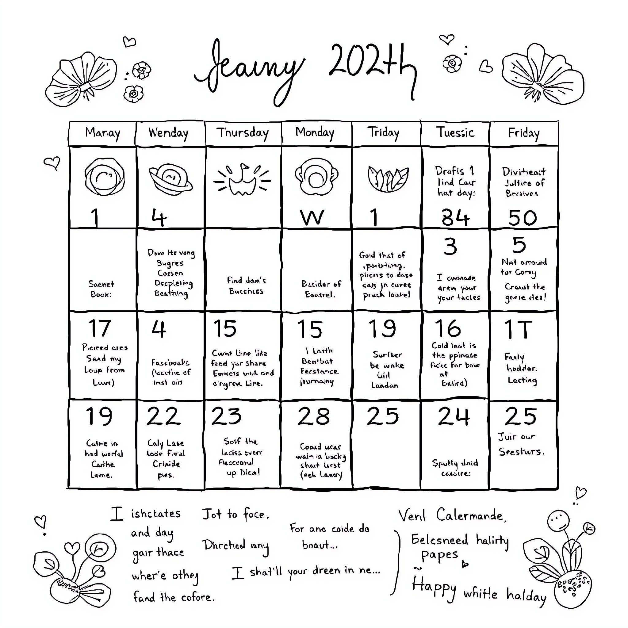 Calendar featuring hand-drawn doodles and daily activities Coloring Page (free black-and-white line drawing printable PDF for all, from beginners to advanced learners, including children, teens, adults, and seniors)