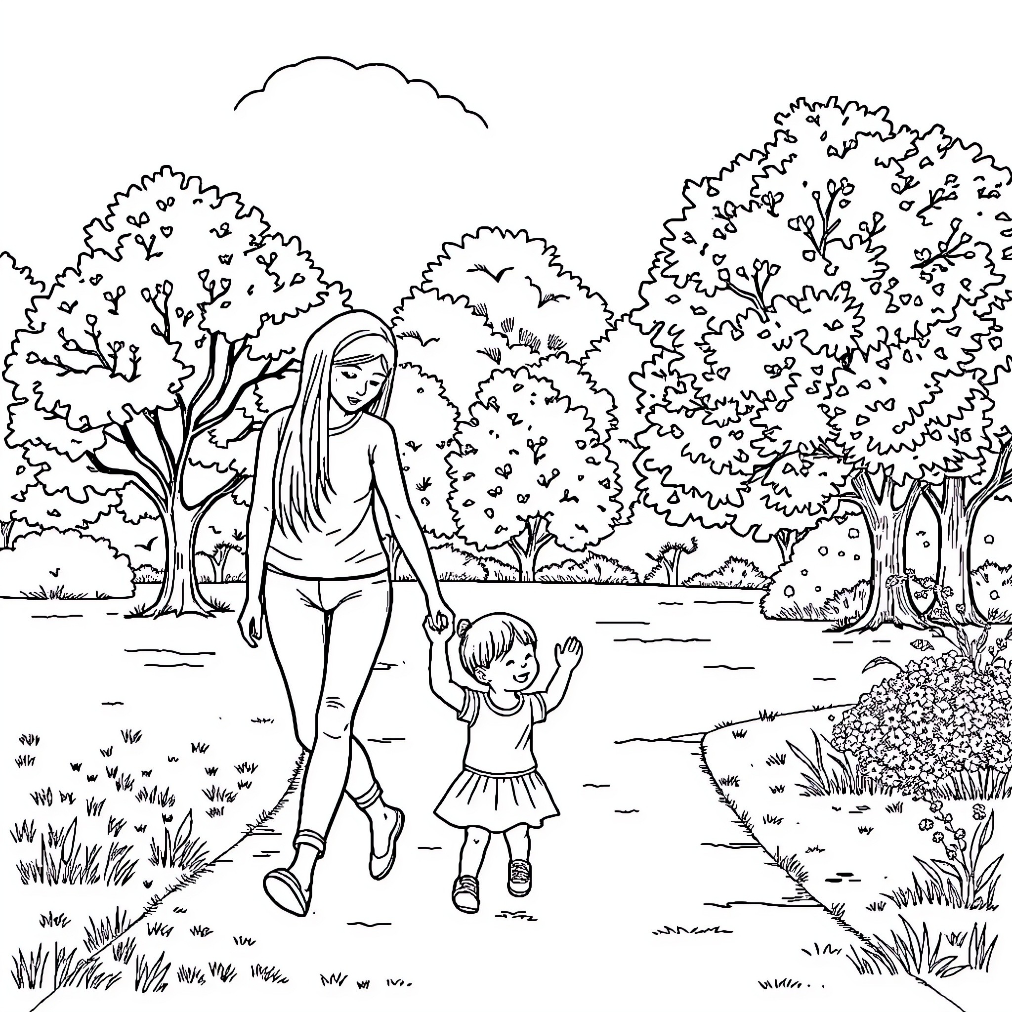 Mother and child walking in nature Coloring Page (free black-and-white line drawing printable PDF for all, from beginners to advanced learners, including children, teens, adults, and seniors)