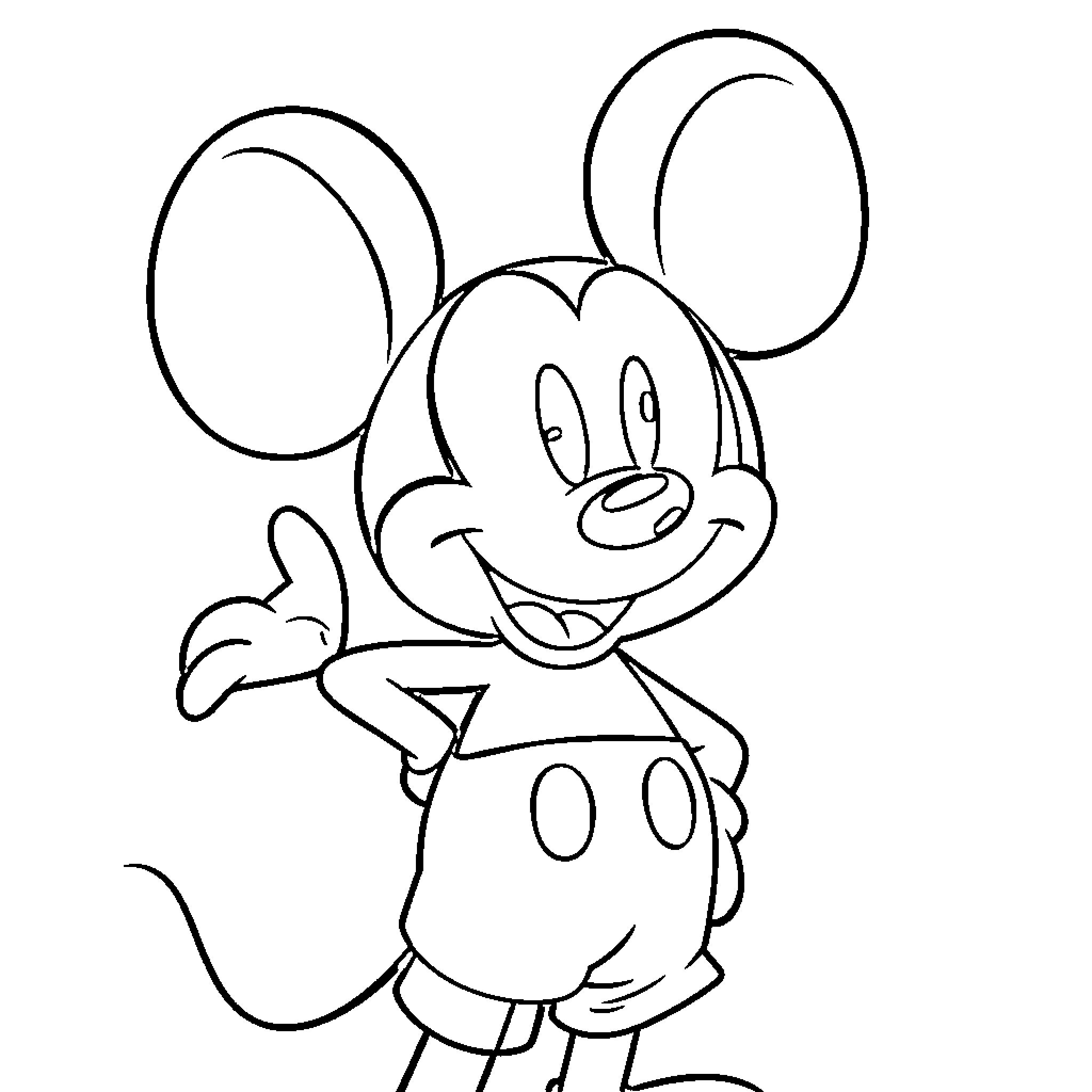 Mickey Mouse Happily Posing in Iconic Style Coloring Page (free black-and-white line drawing printable PDF for all, from beginners to advanced learners, including children, teens, adults, and seniors)
