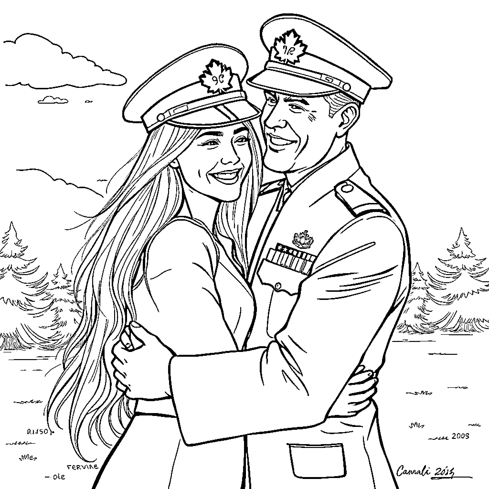 Officer in uniform embracing companion outdoors Coloring Page (free black-and-white line drawing printable PDF for all, from beginners to advanced learners, including children, teens, adults, and seniors)