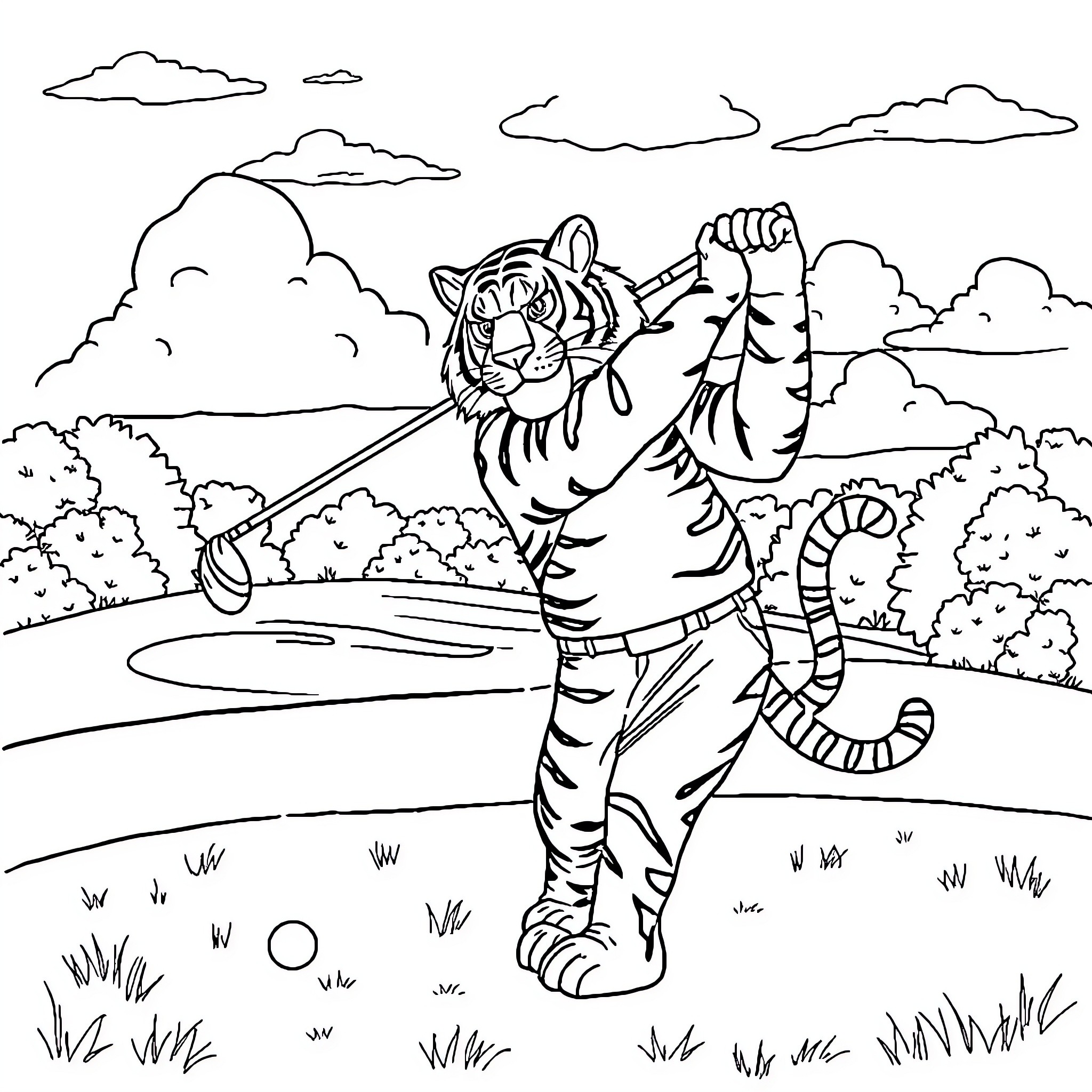 Tiger stalking through the wilderness Coloring Page (free black-and-white line drawing printable PDF for all, from beginners to advanced learners, including children, teens, adults, and seniors)