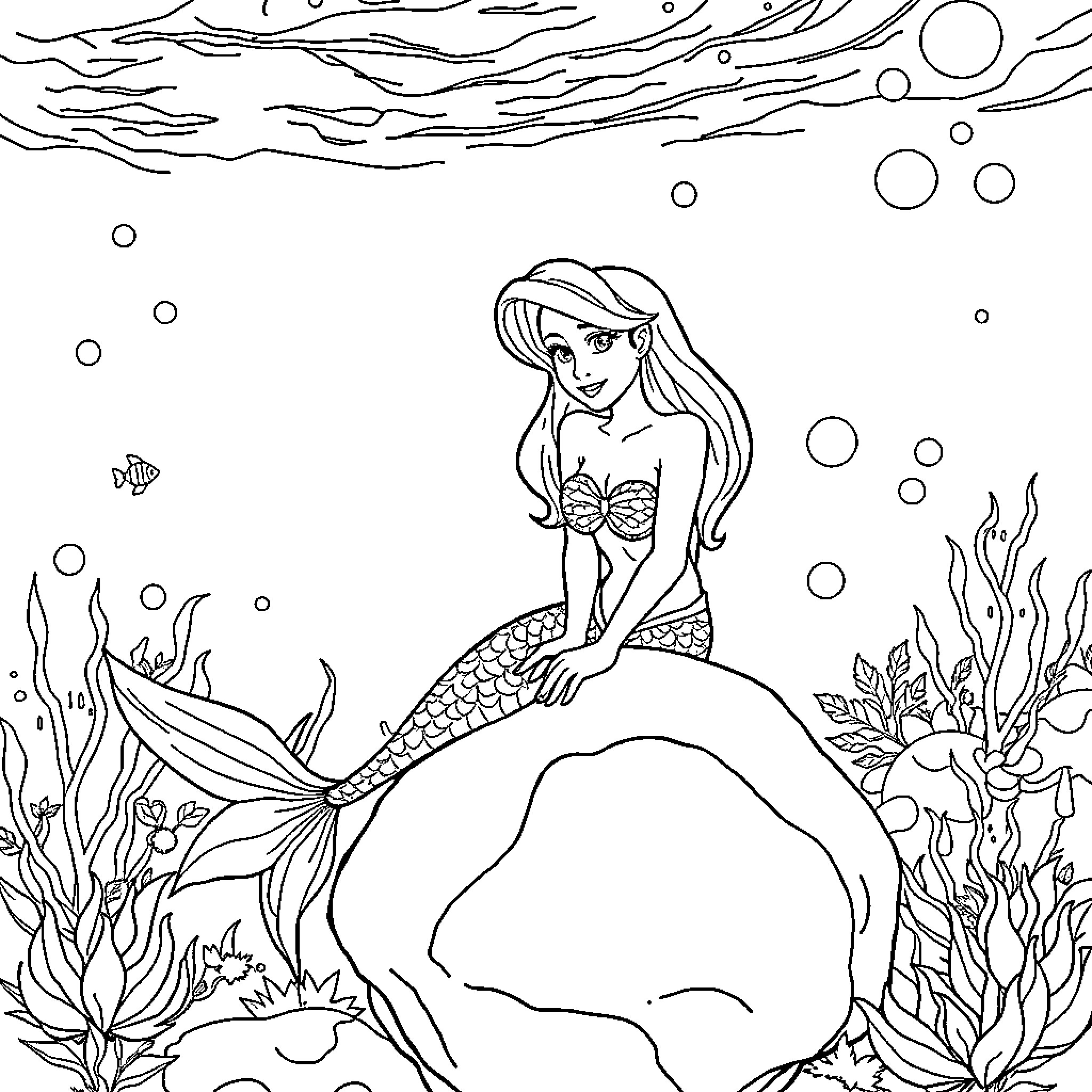 Mermaid enjoying the underwater world Coloring Page (free black-and-white line drawing printable PDF for all, from beginners to advanced learners, including children, teens, adults, and seniors)