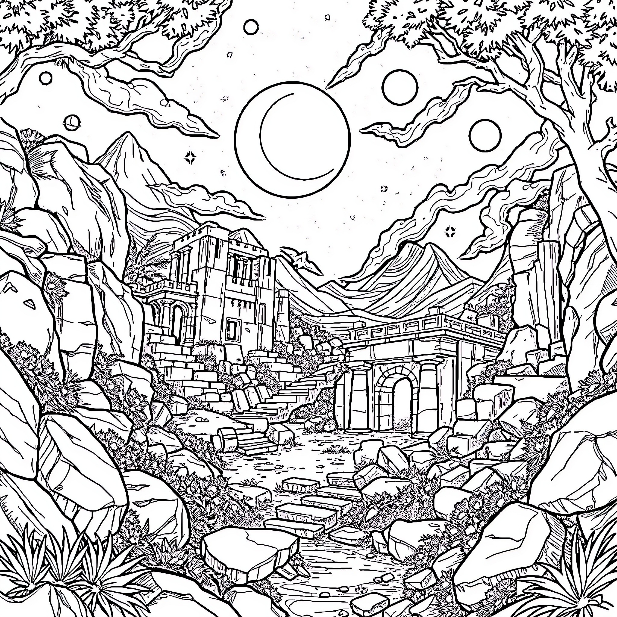 Questoris: Fantastical Landscape with Ruins and Celestial Elements Coloring Page (free black-and-white line drawing printable PDF for all, from beginners to advanced learners, including children, teens, adults, and seniors)