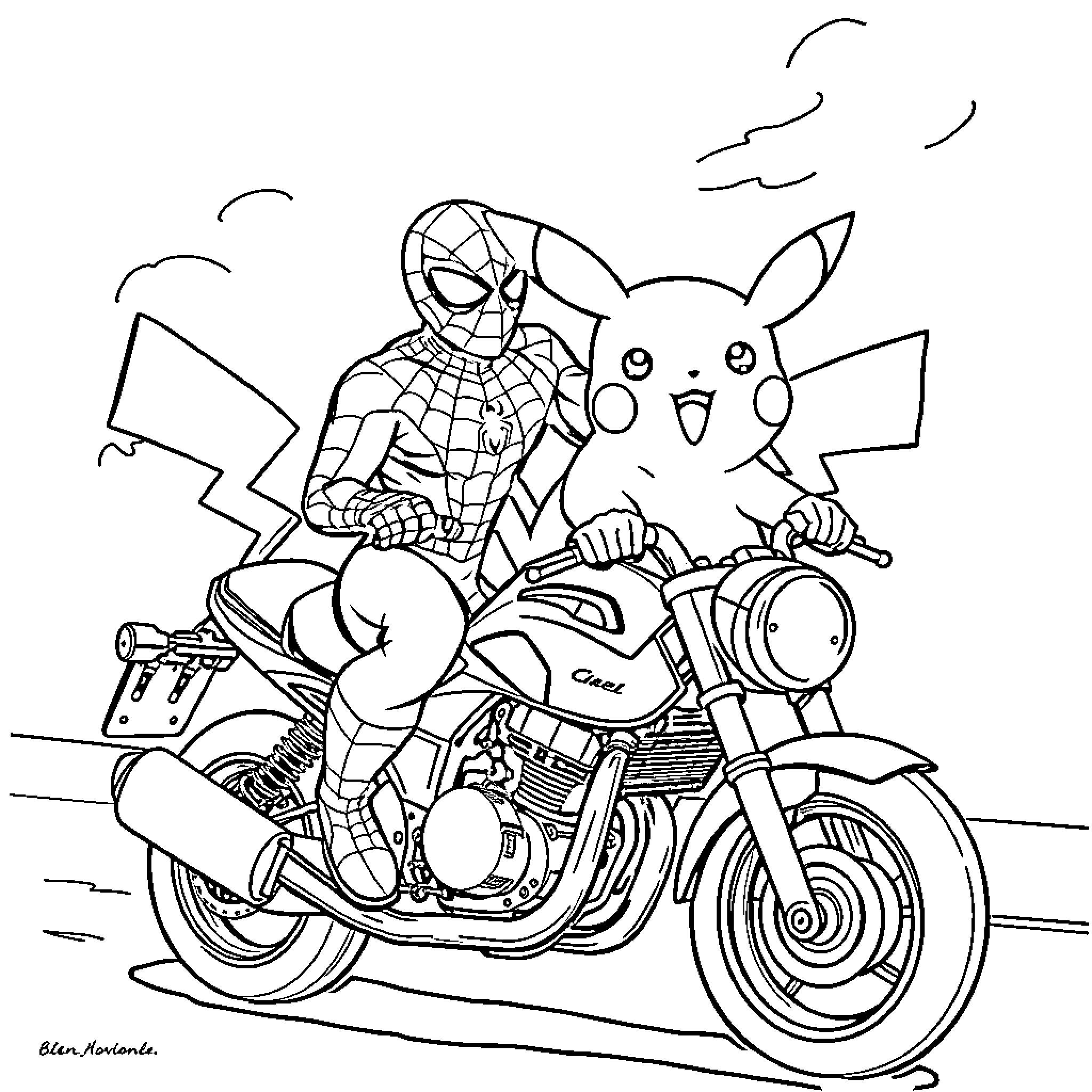 Pikachu goes on an adventure with Spiderman on a motorcycle Coloring Page (free black-and-white line drawing printable PDF for all, from beginners to advanced learners, including children, teens, adults, and seniors)