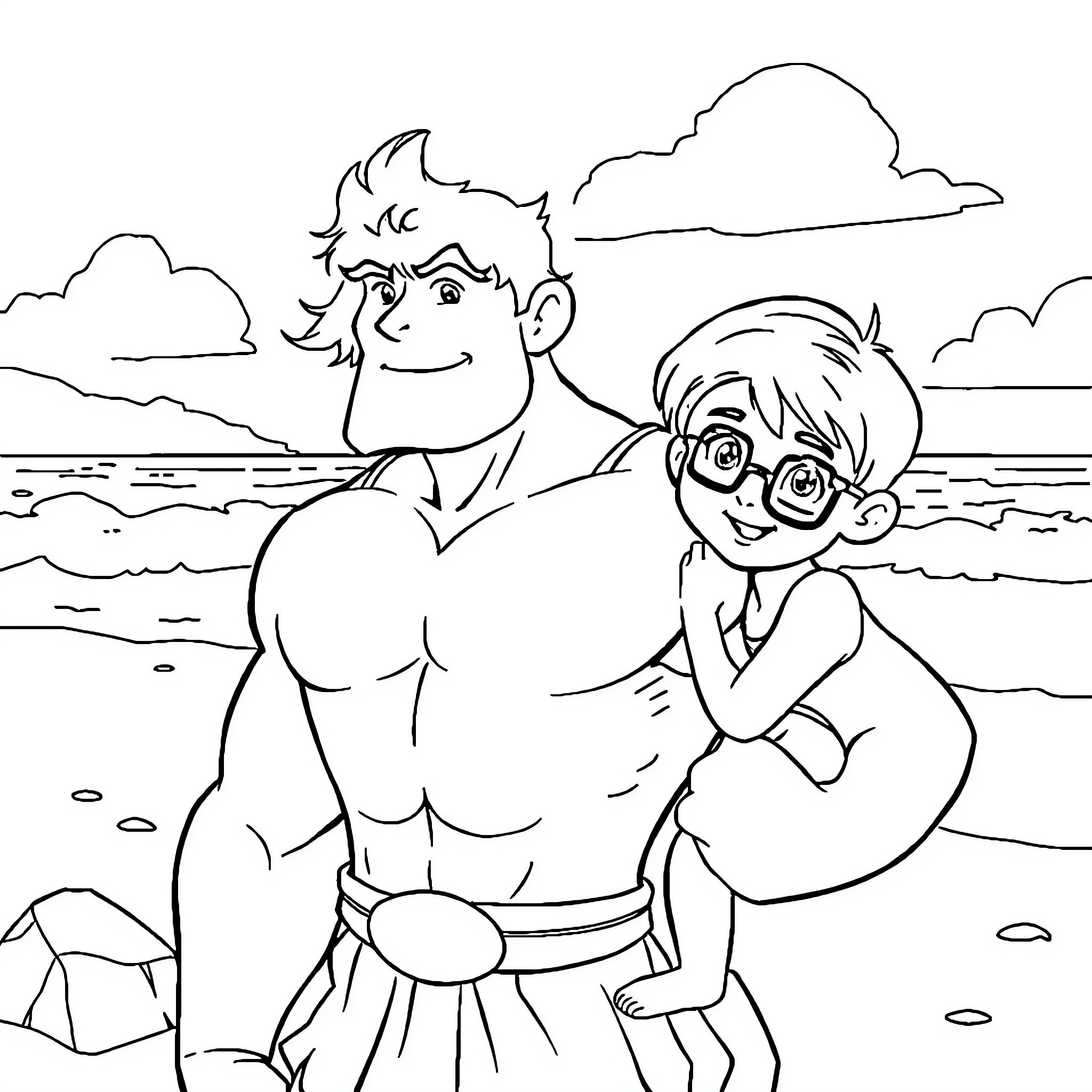 Hercule's Seaside Adventure with a Companion Coloring Page (free black-and-white line drawing printable PDF for all, from beginners to advanced learners, including children, teens, adults, and seniors)