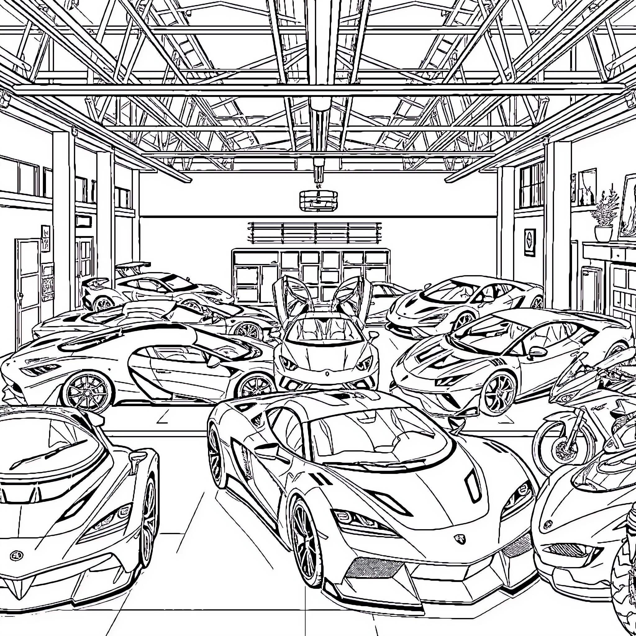 Car showroom with various exotic vehicles on display Coloring Page (free black-and-white line drawing printable PDF for all, from beginners to advanced learners, including children, teens, adults, and seniors)