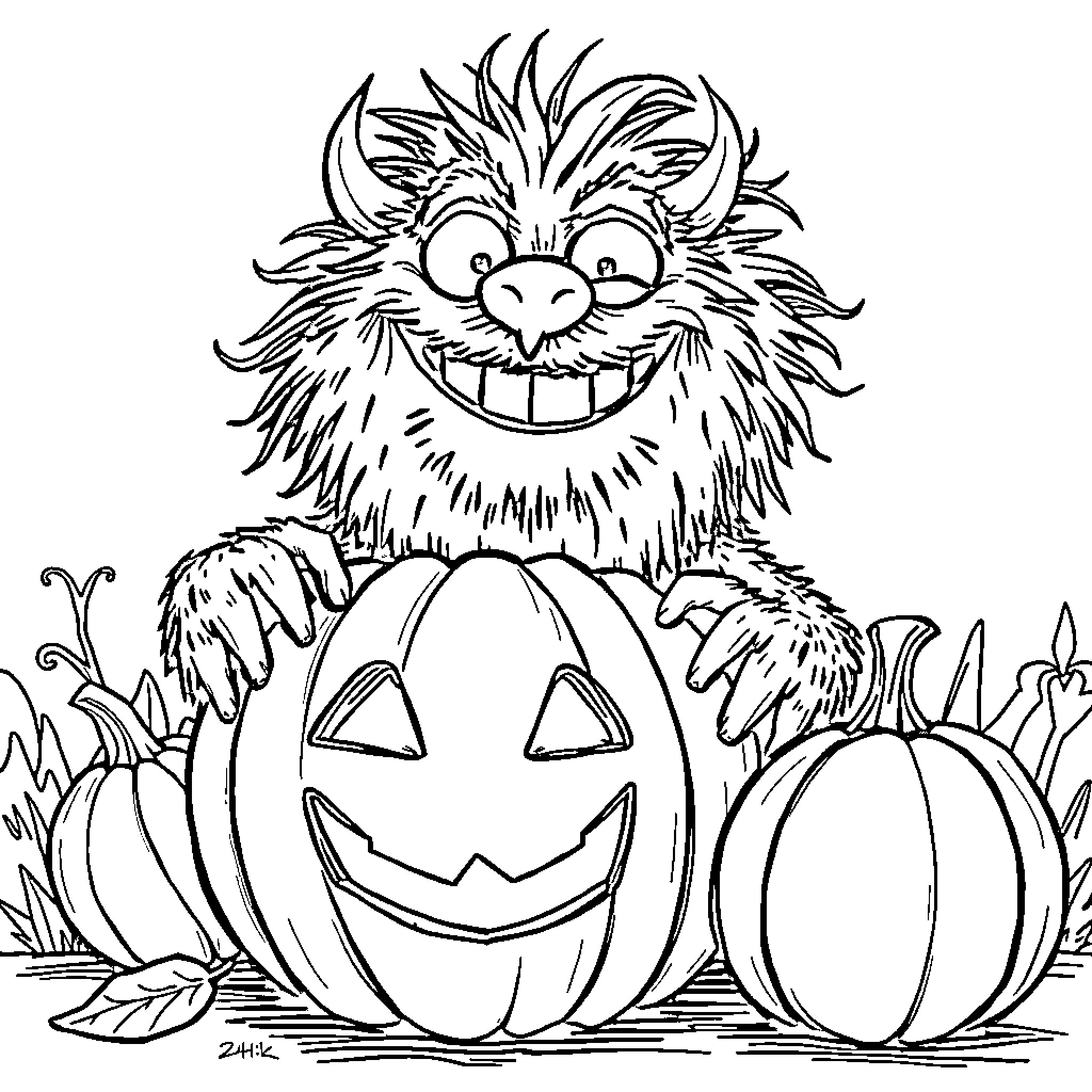 Monster gleefully playing with pumpkins in autumn Coloring Page (free black-and-white line drawing printable PDF for all, from beginners to advanced learners, including children, teens, adults, and seniors)