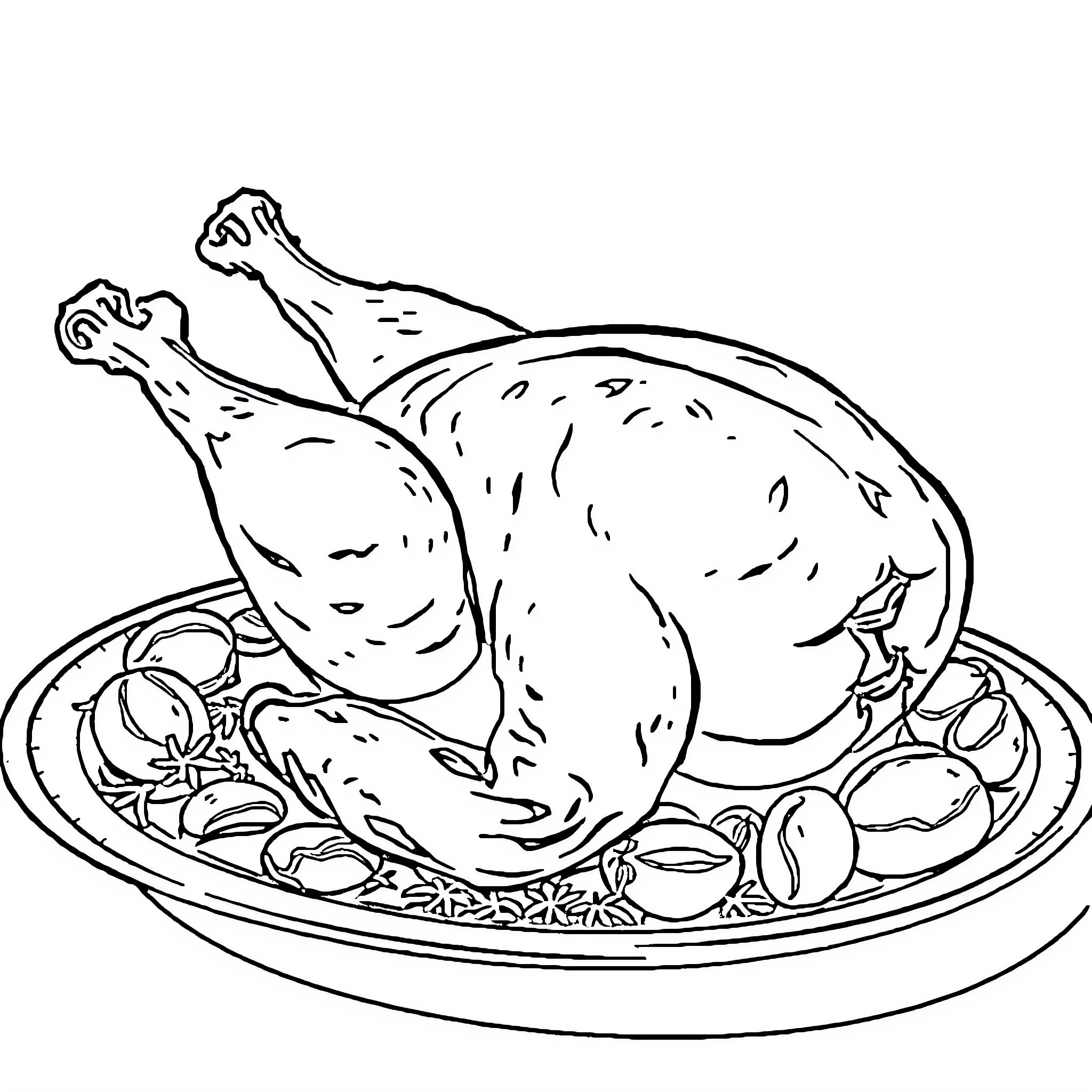 Chicken roast served on a platter Coloring Page (free black-and-white line drawing printable PDF for all, from beginners to advanced learners, including children, teens, adults, and seniors)
