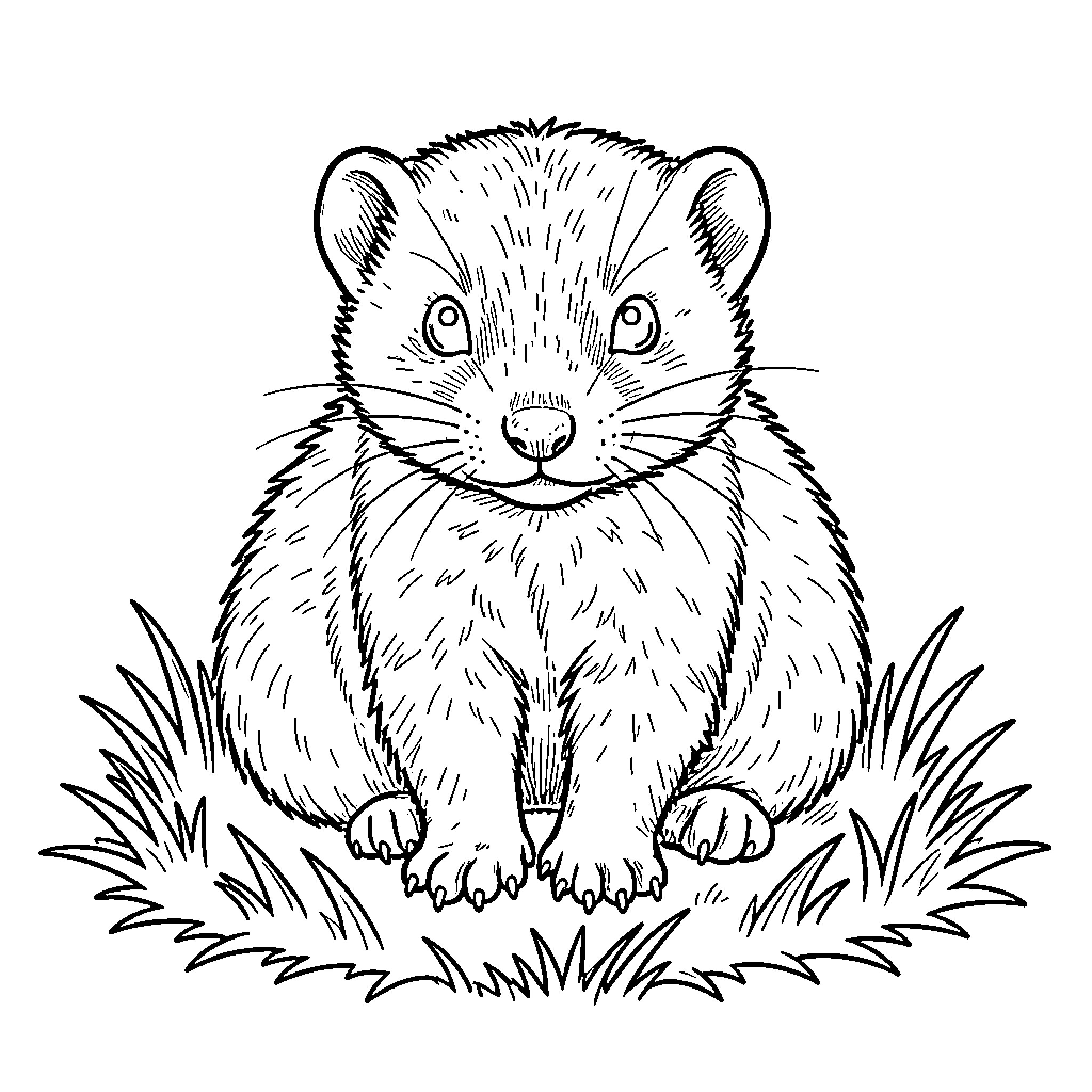 Marmot sitting calmly in a patch of grass Coloring Page (free black-and-white line drawing printable PDF for all, from beginners to advanced learners, including children, teens, adults, and seniors)