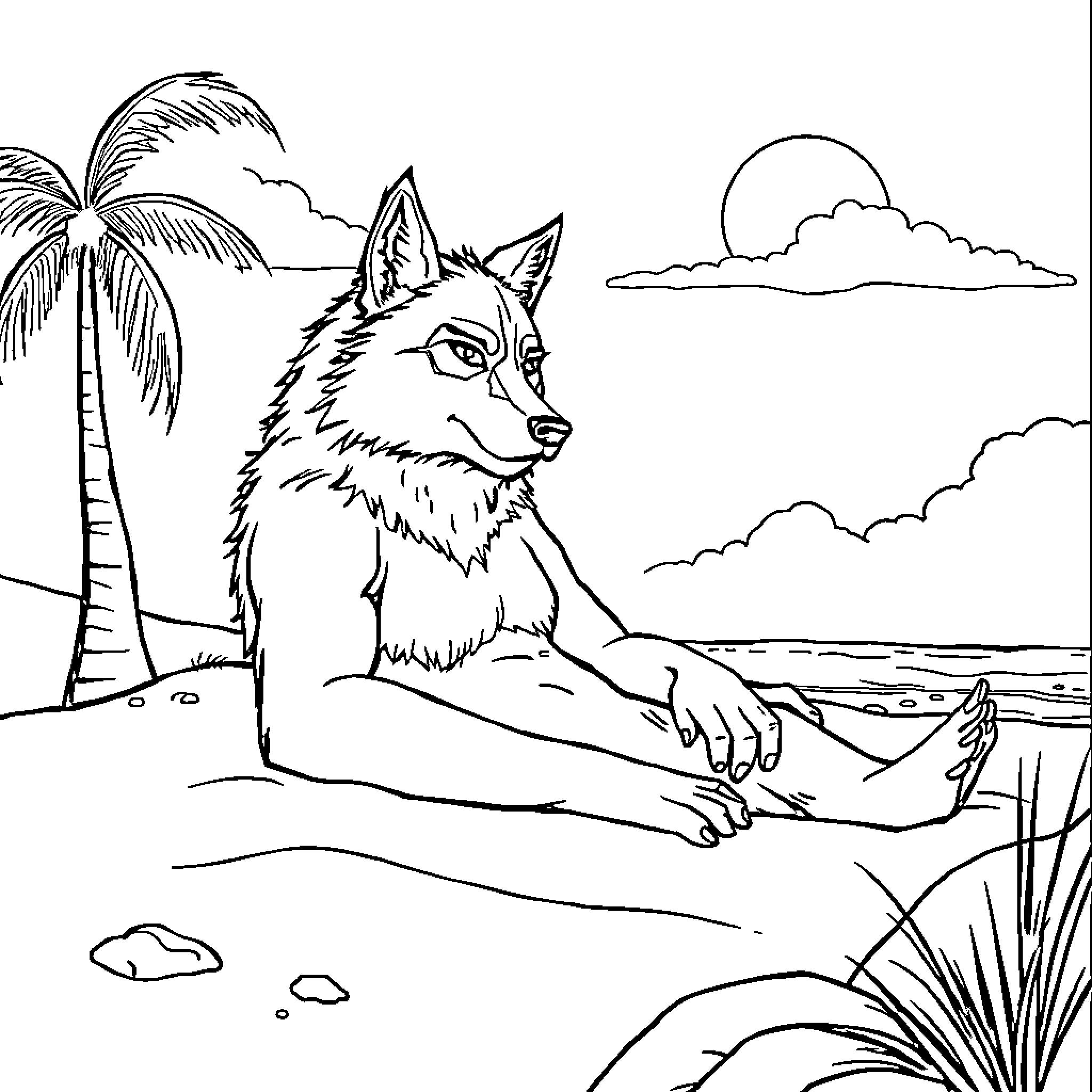 Wolfman relaxing on the beach under a palm tree Coloring Page (free black-and-white line drawing printable PDF for all, from beginners to advanced learners, including children, teens, adults, and seniors)