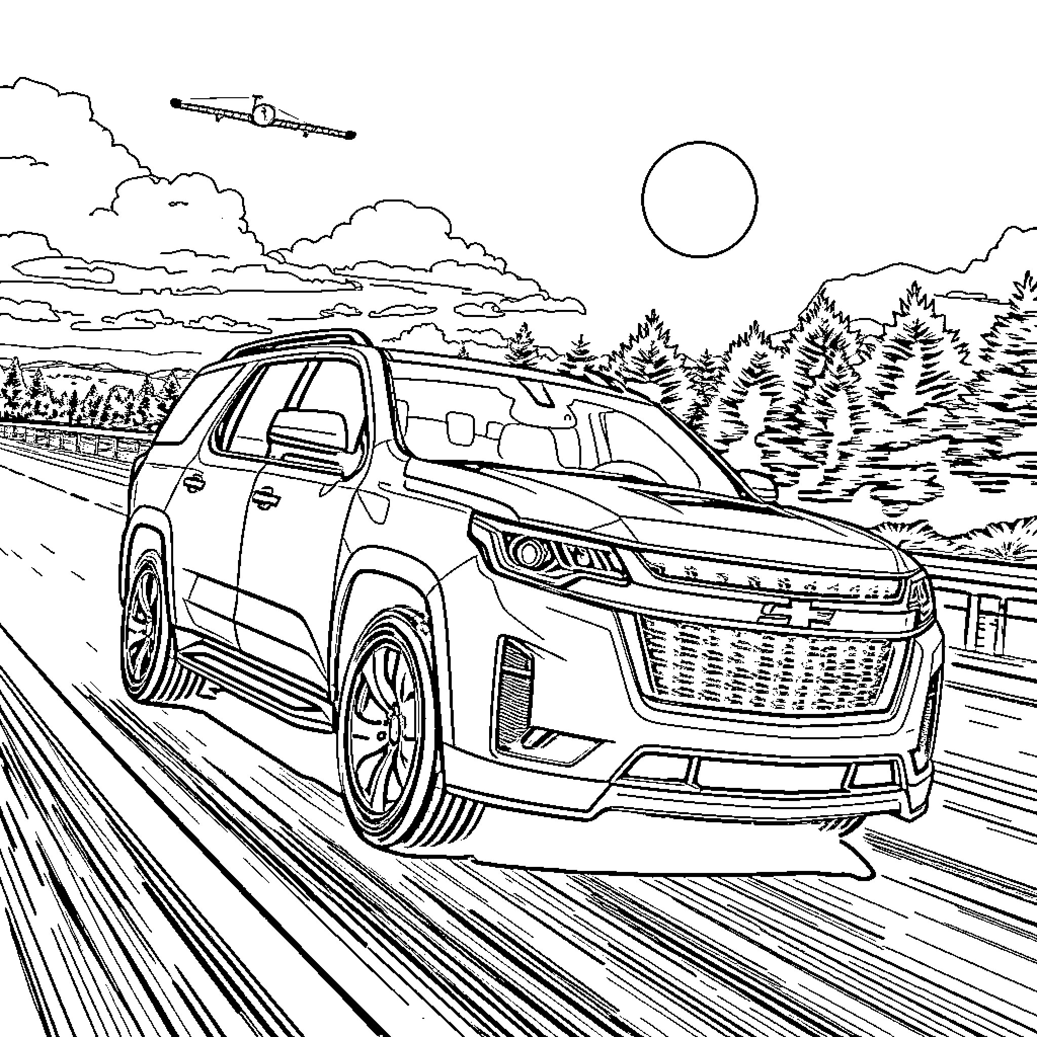 Chevrolet TrailBlazer on a scenic mountain highway Coloring Page (free black-and-white line drawing printable PDF for all, from beginners to advanced learners, including children, teens, adults, and seniors)