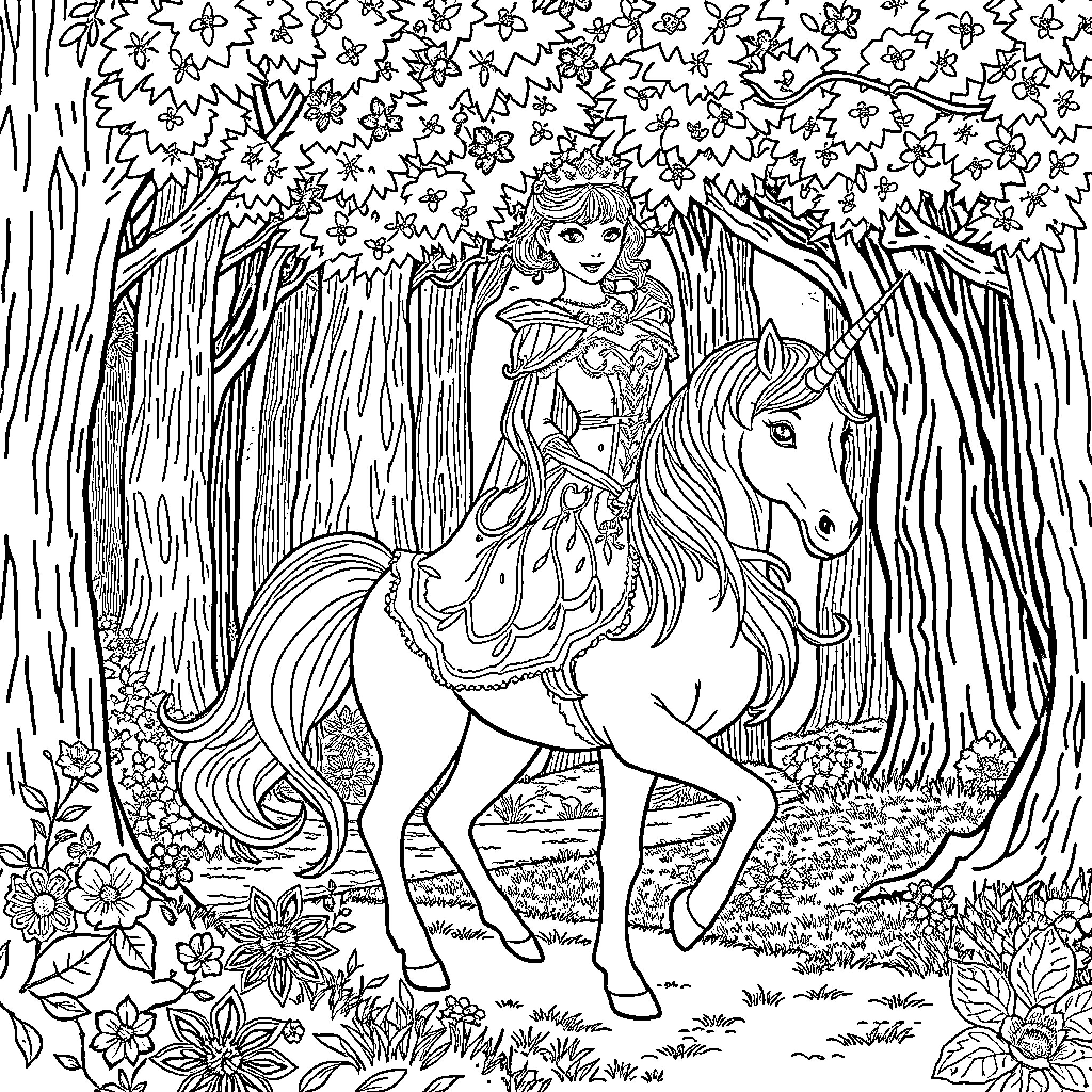 Princess Riding a Magical Unicorn in a Enchanted Forest Coloring Page (free black-and-white line drawing printable PDF for all, from beginners to advanced learners, including children, teens, adults, and seniors)