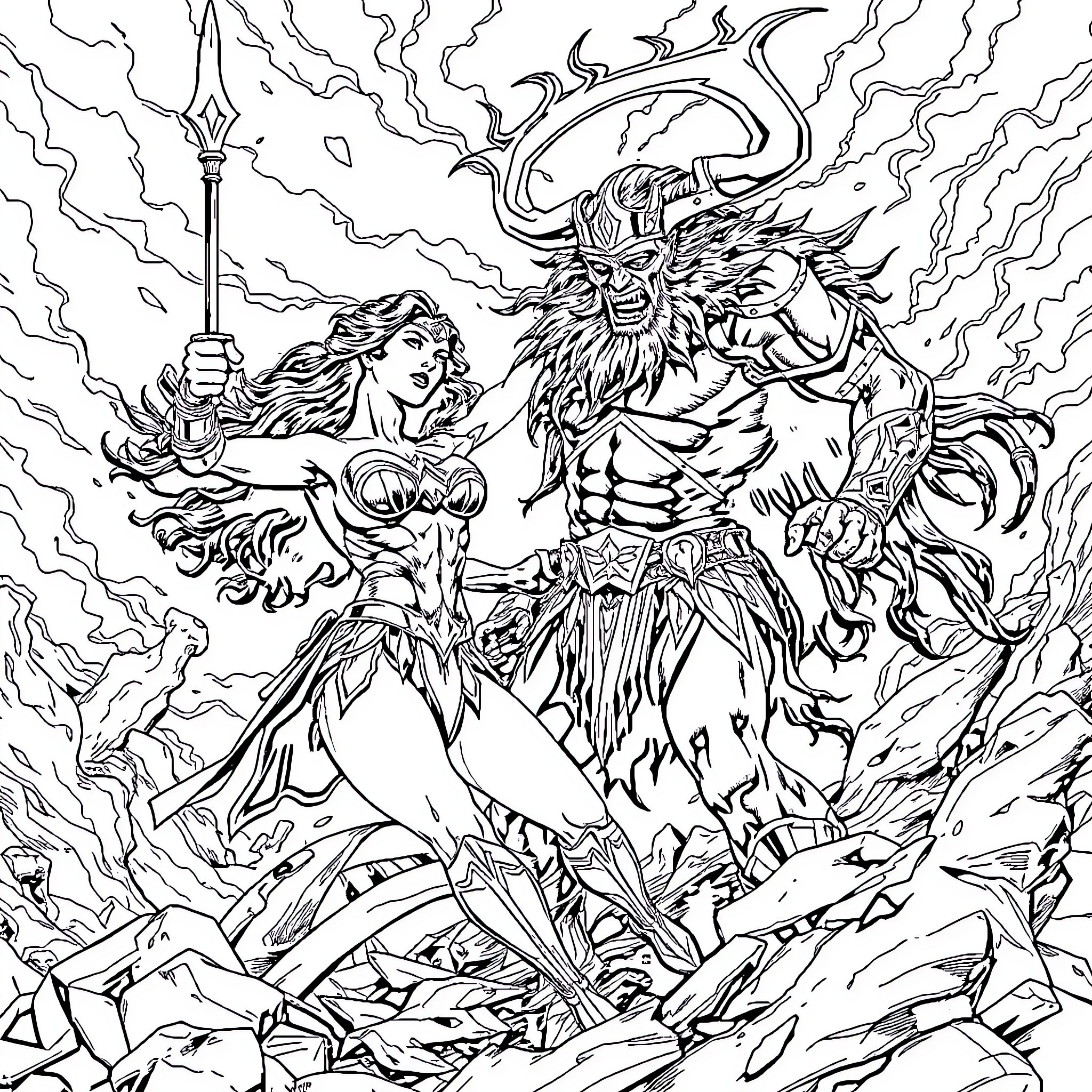 Wonder Woman battling a fierce demonic warrior Coloring Page (free black-and-white line drawing printable PDF for all, from beginners to advanced learners, including children, teens, adults, and seniors)