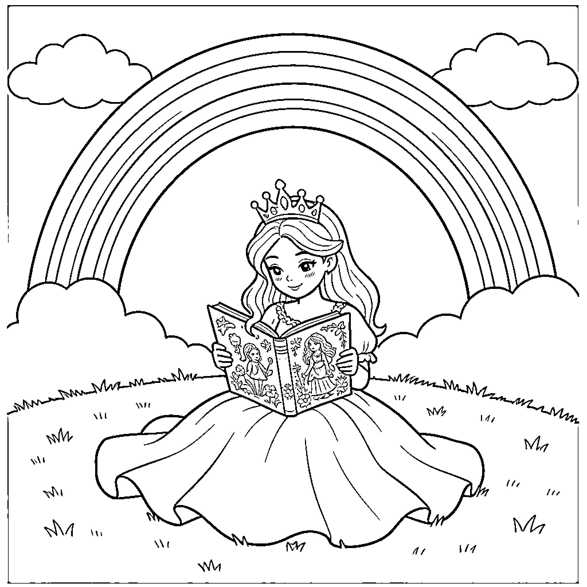 Princess reading a book under a rainbow Coloring Page (free black-and-white line drawing printable PDF for all, from beginners to advanced learners, including children, teens, adults, and seniors)