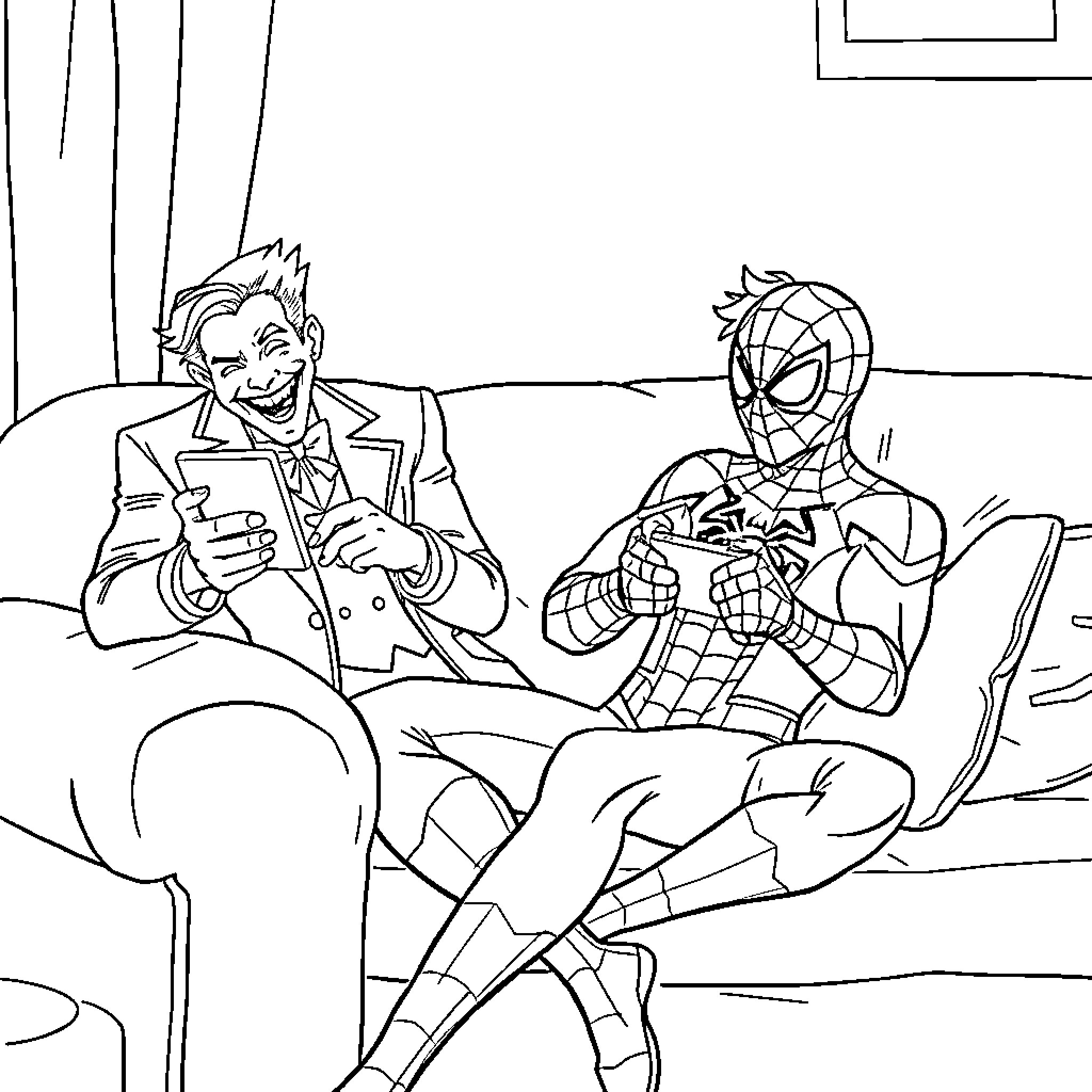 Spider-Man and Joker's Friendly Chat Coloring Page (free black-and-white line drawing printable PDF for all, from beginners to advanced learners, including children, teens, adults, and seniors)