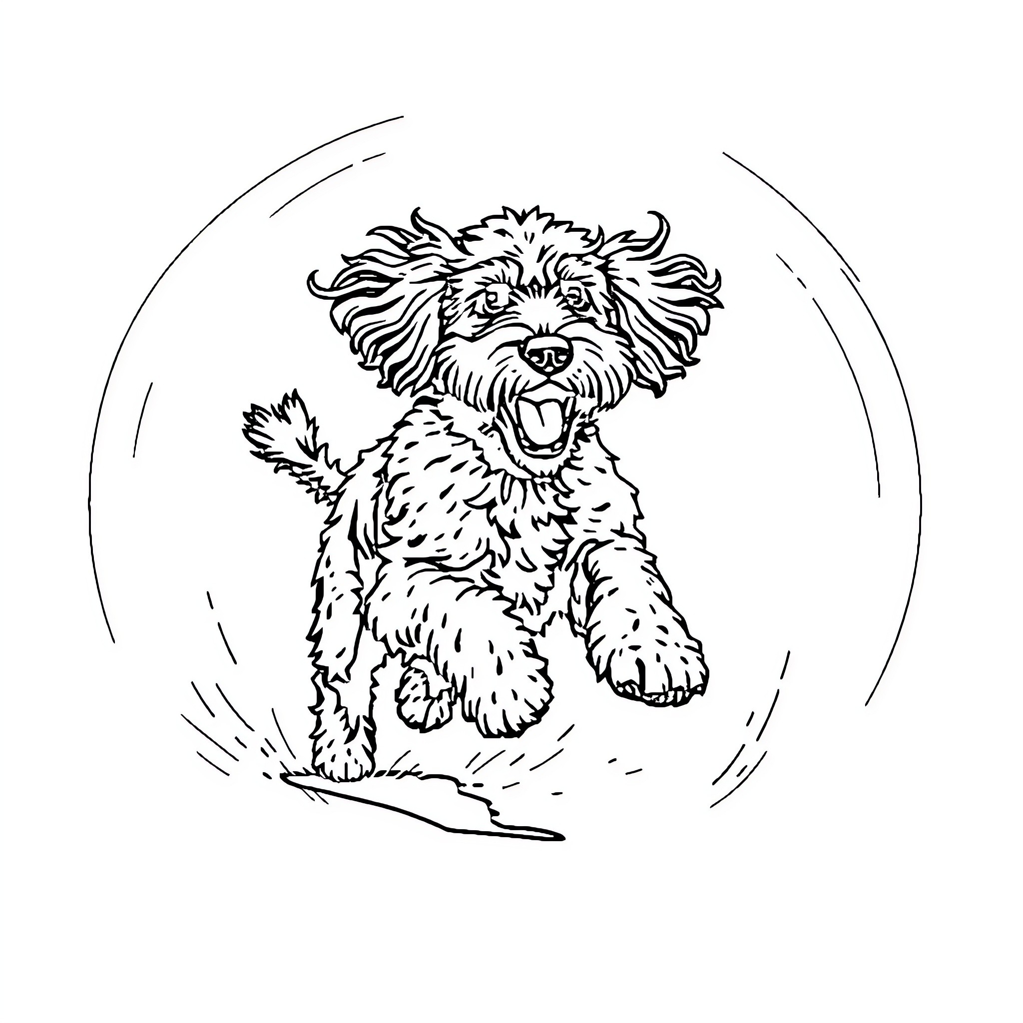 Cocker Poo running playfully in the park Coloring Page (free black-and-white line drawing printable PDF for all, from beginners to advanced learners, including children, teens, adults, and seniors)