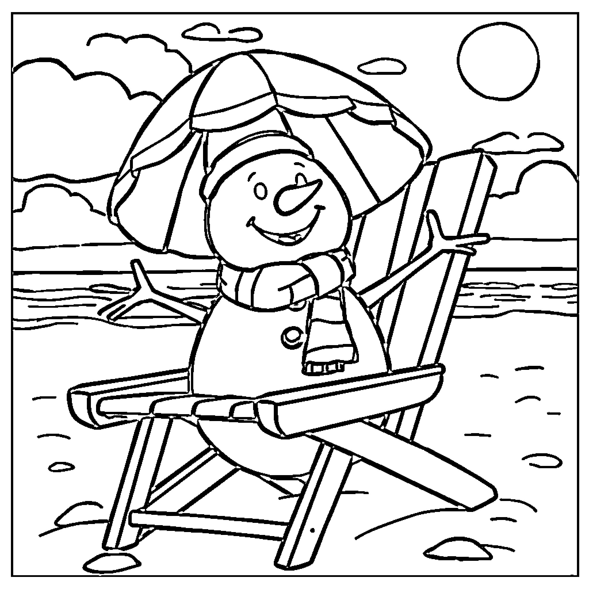 Snowman relaxing in beach chair on sunny day Coloring Page (free black-and-white line drawing printable PDF for all, from beginners to advanced learners, including children, teens, adults, and seniors)