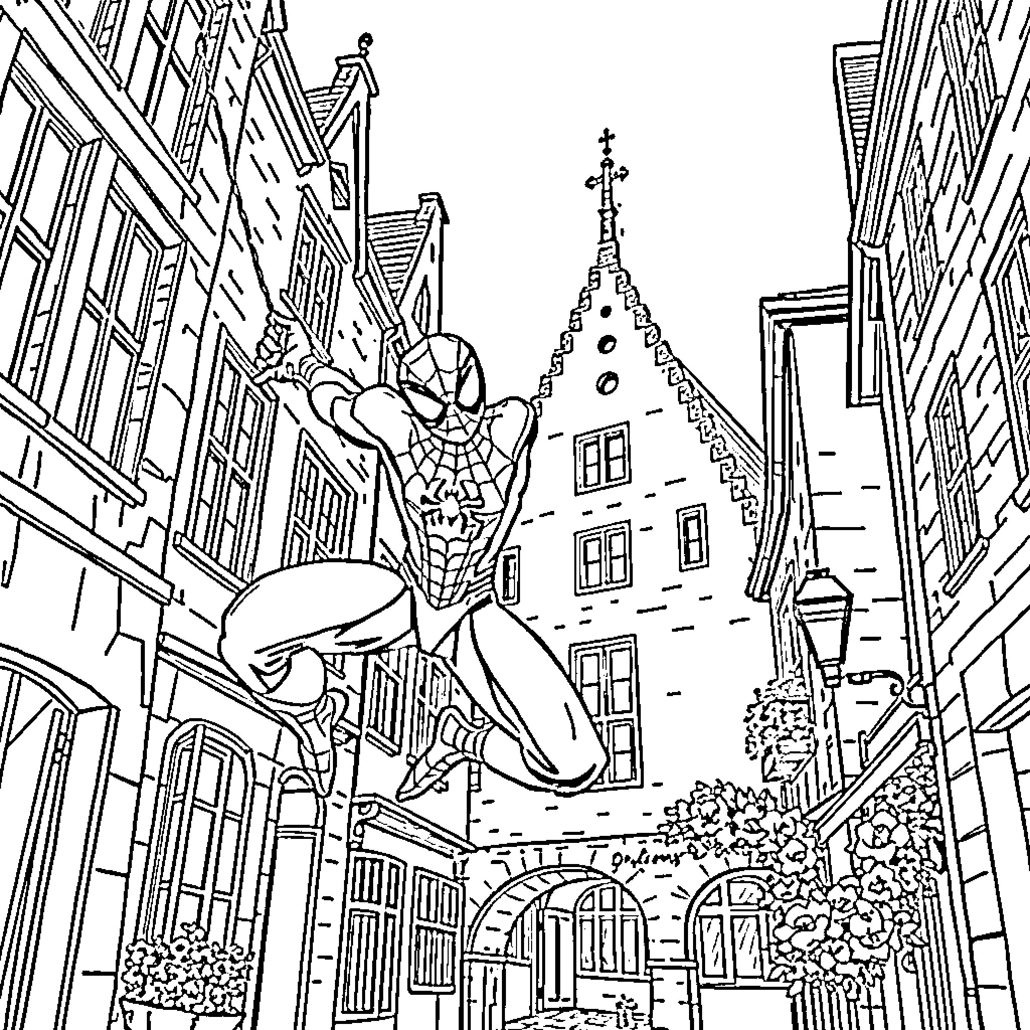 Spiderman swinging through the city streets Coloring Page (free black-and-white line drawing printable PDF for all, from beginners to advanced learners, including children, teens, adults, and seniors)