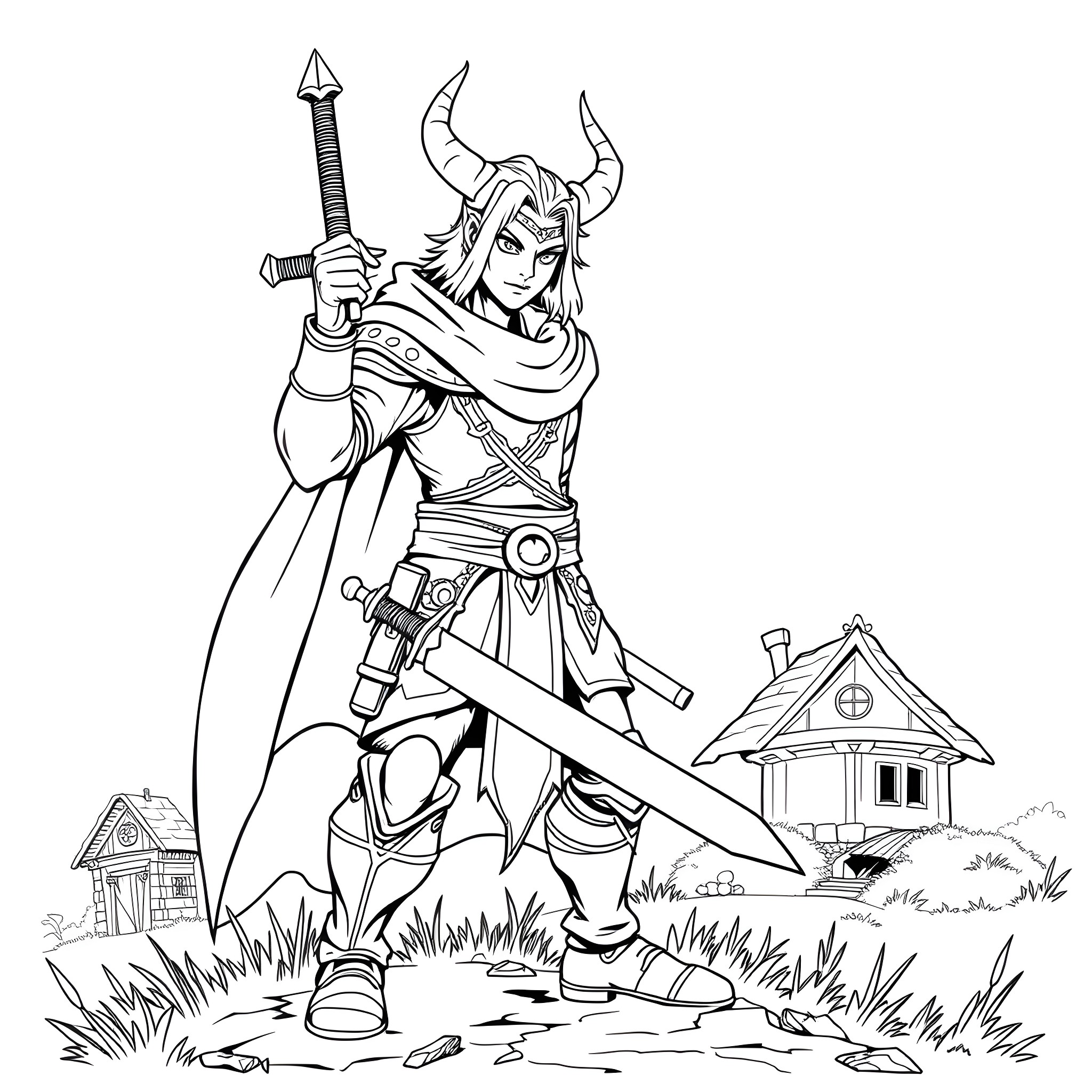 Demon Slayer Warrior Wielding Sword in Countryside Coloring Page (free black-and-white line drawing printable PDF for all, from beginners to advanced learners, including children, teens, adults, and seniors)