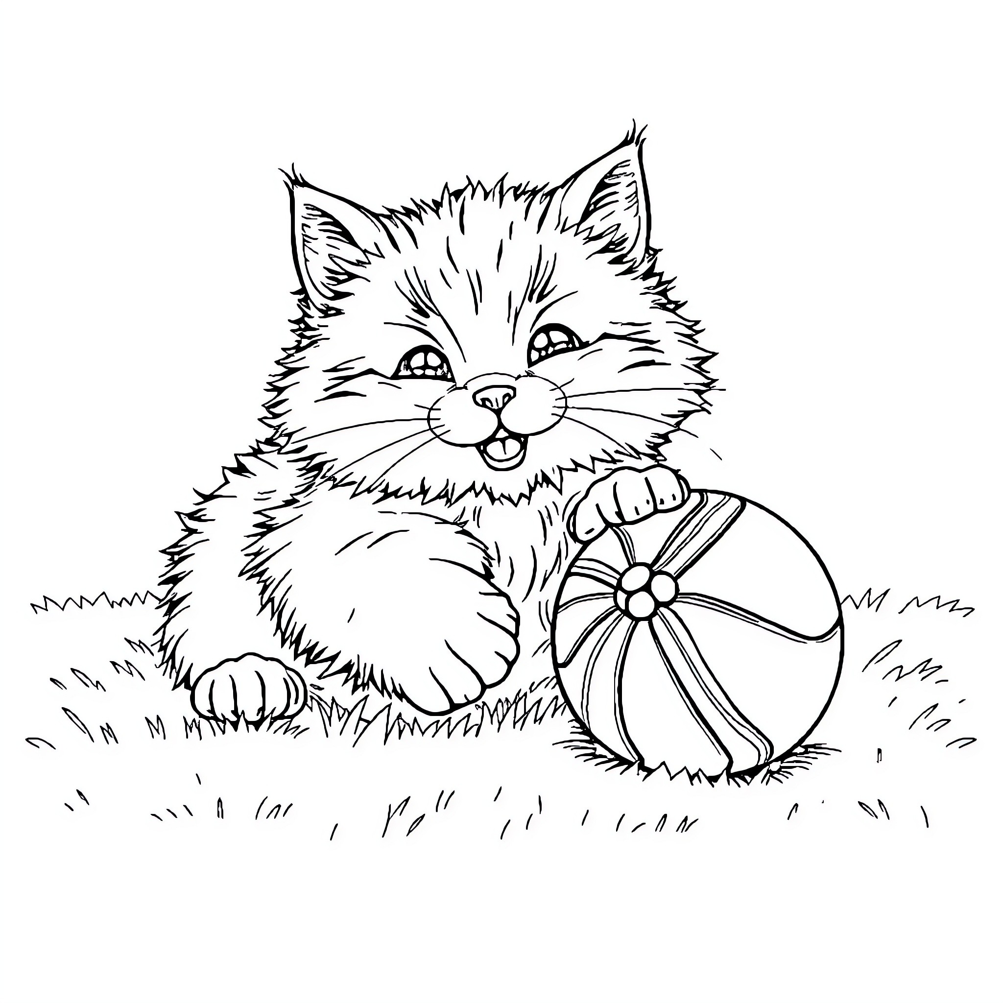 Cat playing with a flower in the grass Coloring Page (free black-and-white line drawing printable PDF for all, from beginners to advanced learners, including children, teens, adults, and seniors)