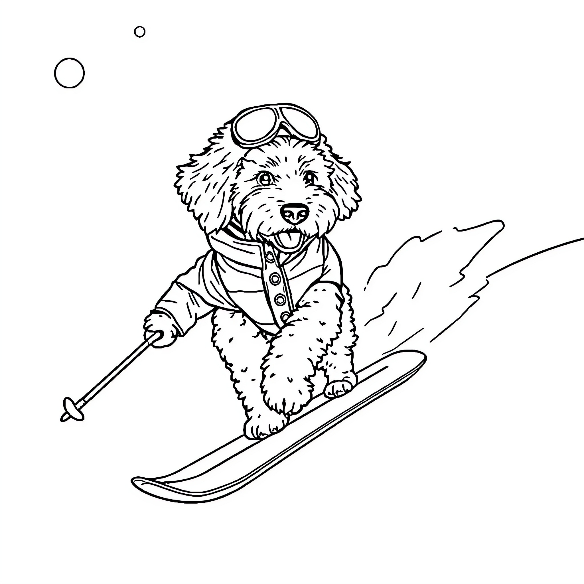 Labradoodle skiing down the slopes Coloring Page (free black-and-white line drawing printable PDF for all, from beginners to advanced learners, including children, teens, adults, and seniors)