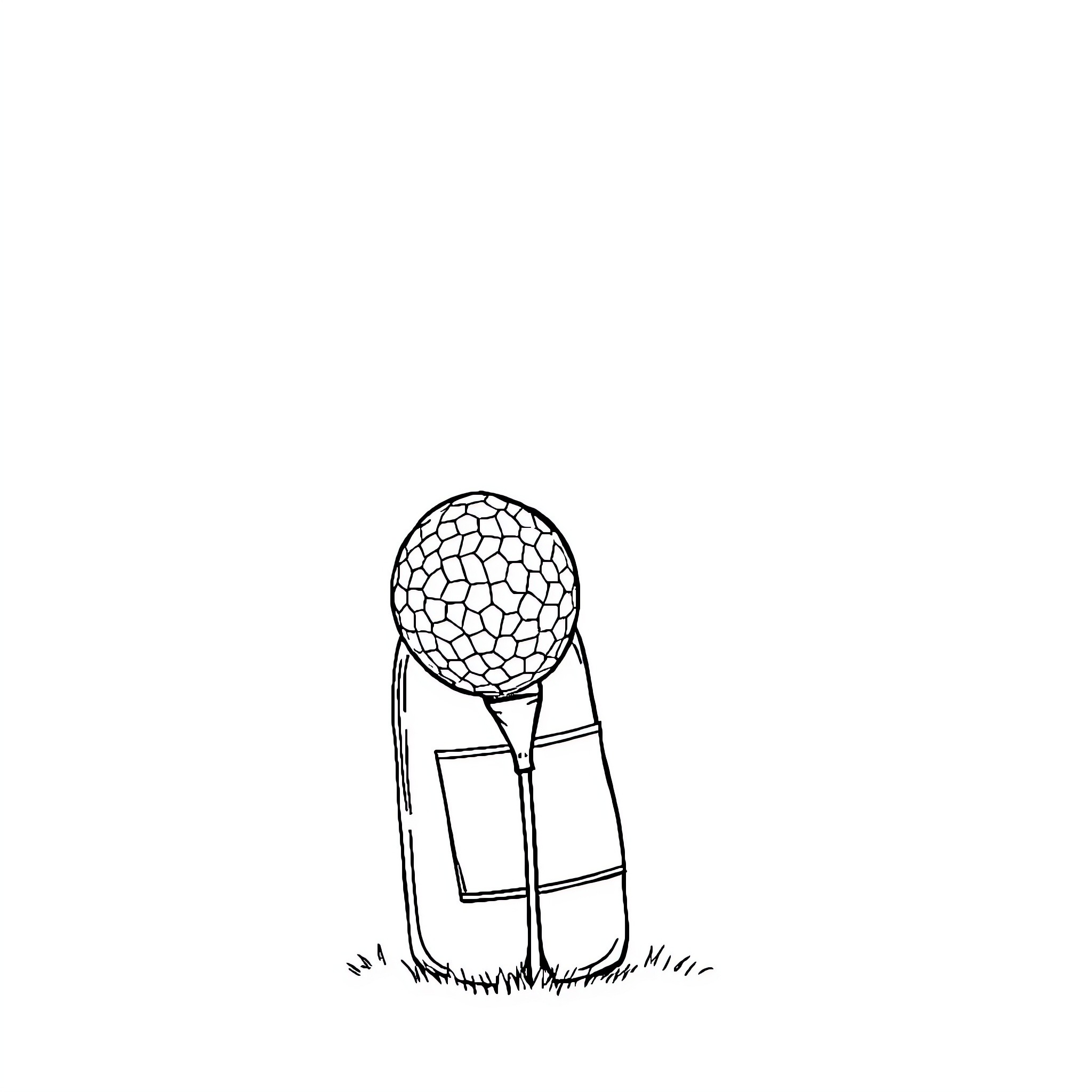Champagne golf ball on tee with grass Coloring Page (free black-and-white line drawing printable PDF for all, from beginners to advanced learners, including children, teens, adults, and seniors)