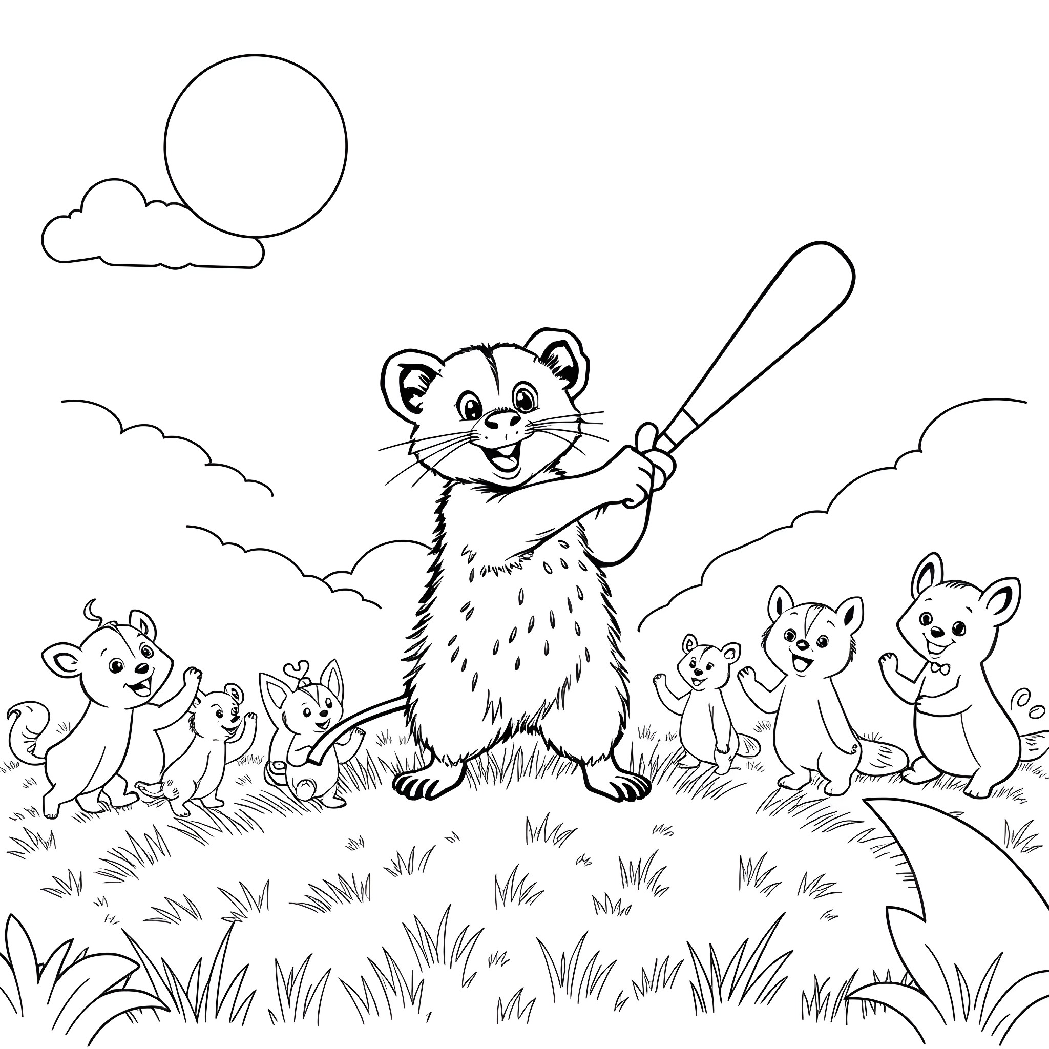 Opossum playing happily with baby opossums in the field Coloring Page (free black-and-white line drawing printable PDF for all, from beginners to advanced learners, including children, teens, adults, and seniors)