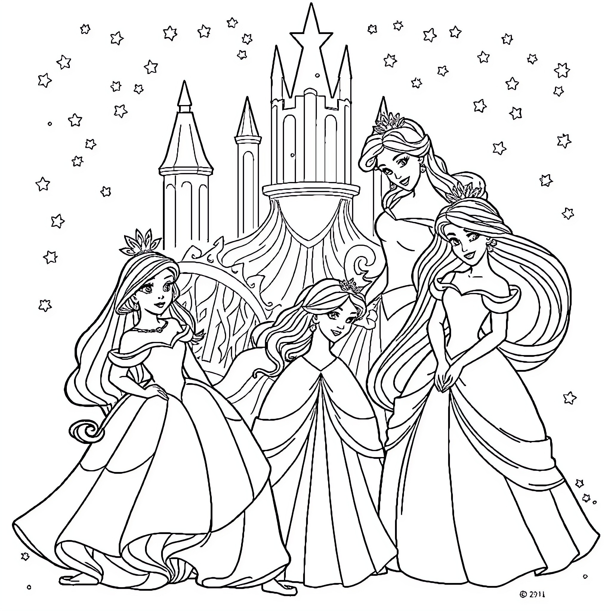 Disney Princesses in Magical Castle Scene Coloring Page (free black-and-white line drawing printable PDF for all, from beginners to advanced learners, including children, teens, adults, and seniors)