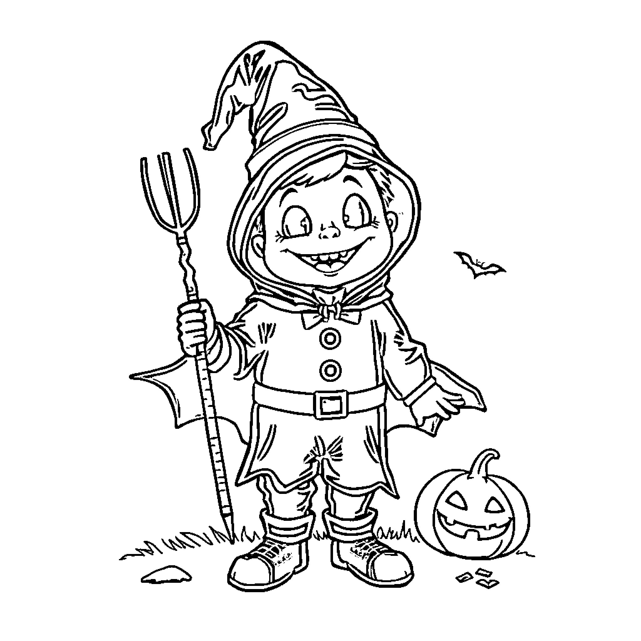 Freddie the Friendly Trick-or-Treater Enjoys Halloween Coloring Page (free black-and-white line drawing printable PDF for all, from beginners to advanced learners, including children, teens, adults, and seniors)