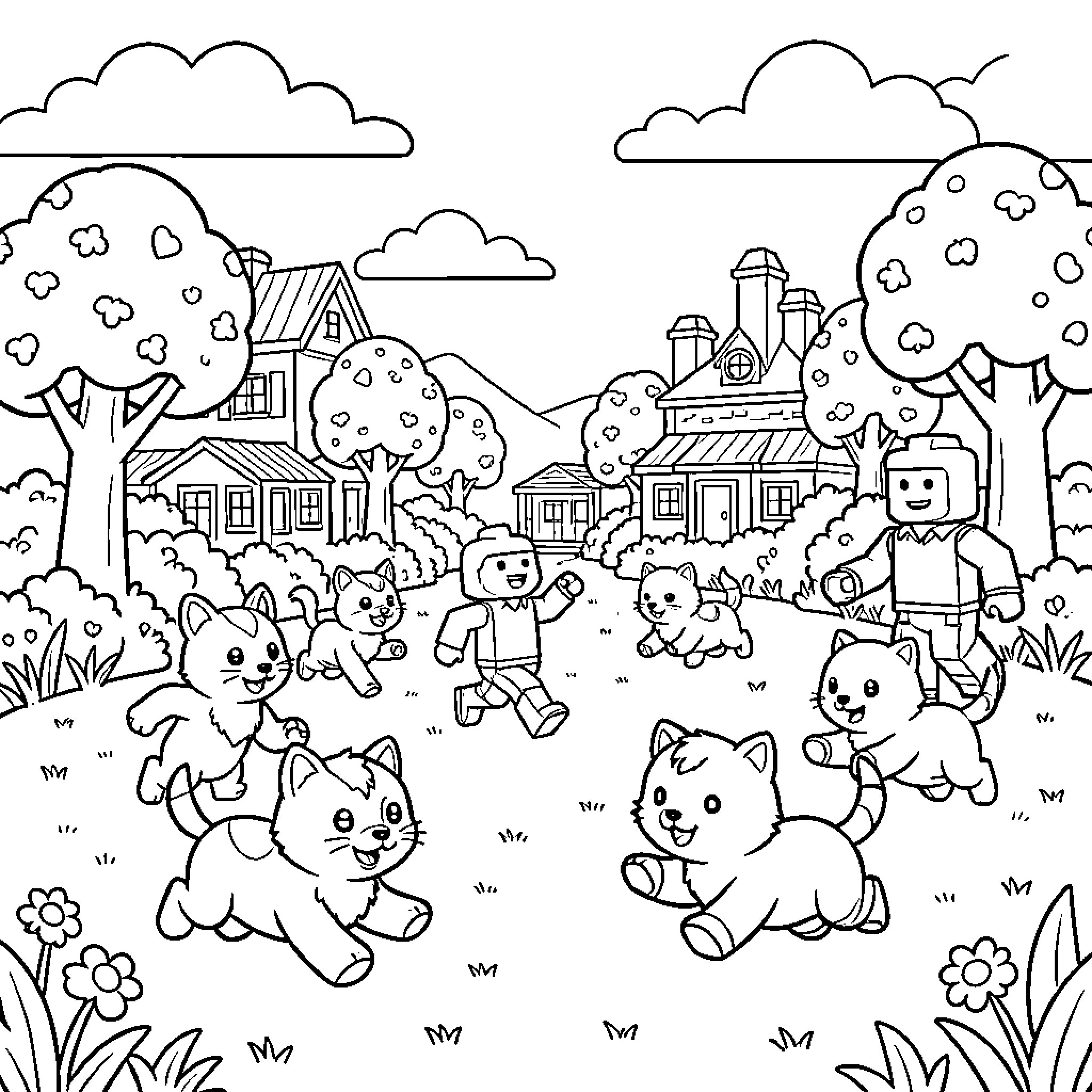 Animal playing cheerfully in a village setting Coloring Page (free black-and-white line drawing printable PDF for all, from beginners to advanced learners, including children, teens, adults, and seniors)