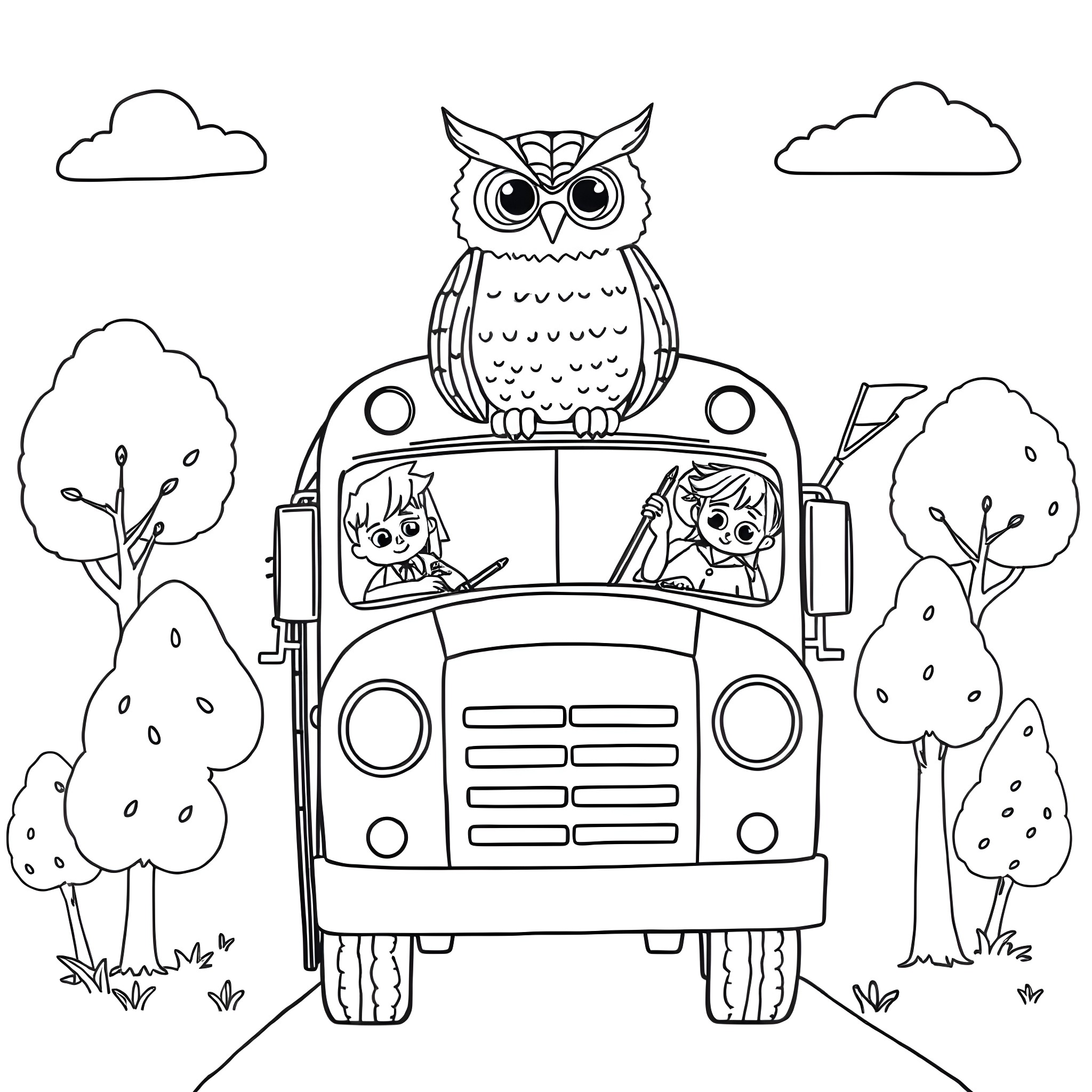 Owl watching over children in a vehicle Coloring Page (free black-and-white line drawing printable PDF for all, from beginners to advanced learners, including children, teens, adults, and seniors)