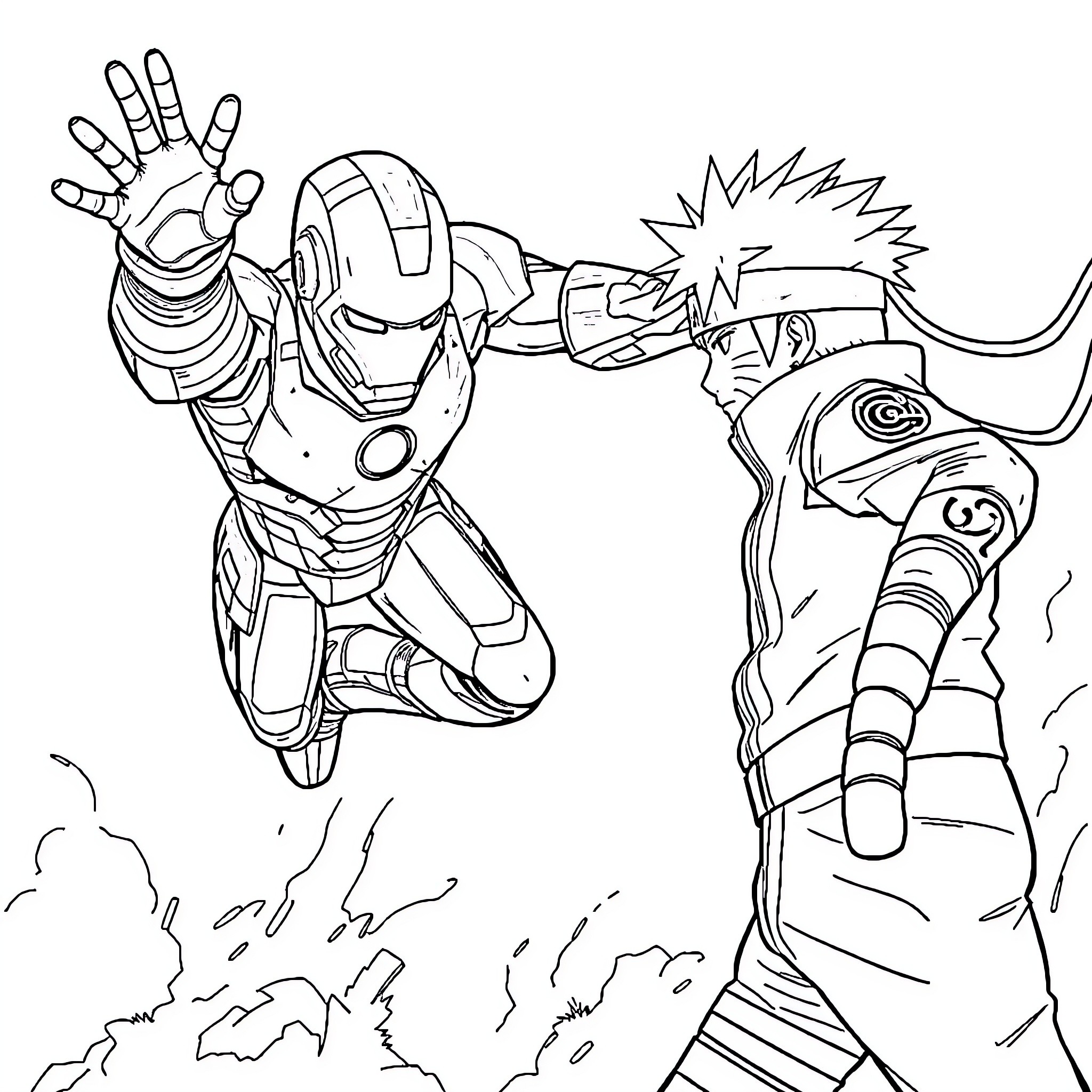 Ironman in action against a mysterious foe Coloring Page (free black-and-white line drawing printable PDF for all, from beginners to advanced learners, including children, teens, adults, and seniors)
