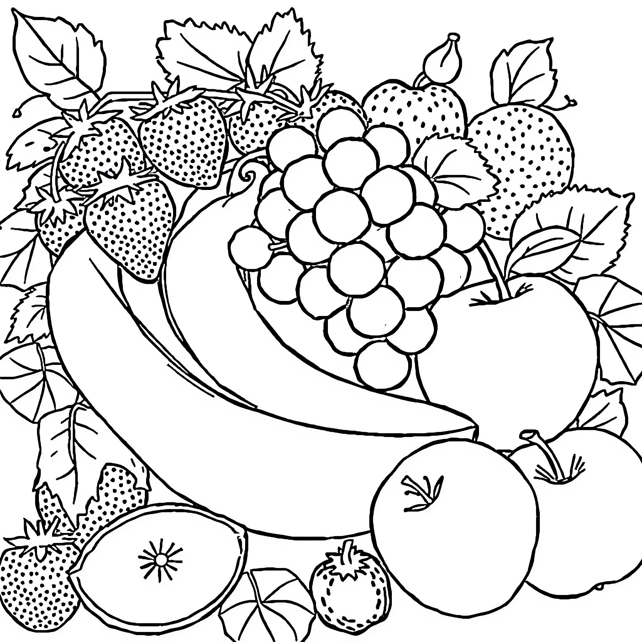 Fruit Basket with Assorted Fresh Produce Coloring Page (free black-and-white line drawing printable PDF for all, from beginners to advanced learners, including children, teens, adults, and seniors)