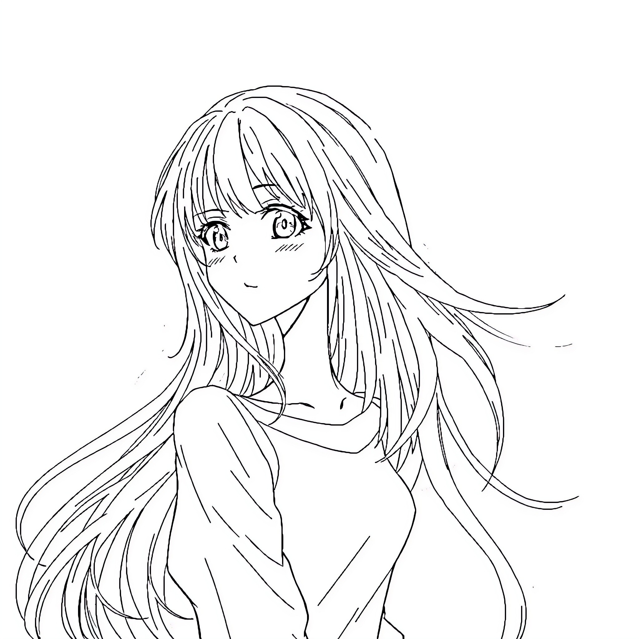 Anime Girl with long flowing hair Coloring Page (free black-and-white line drawing printable PDF for all, from beginners to advanced learners, including children, teens, adults, and seniors)